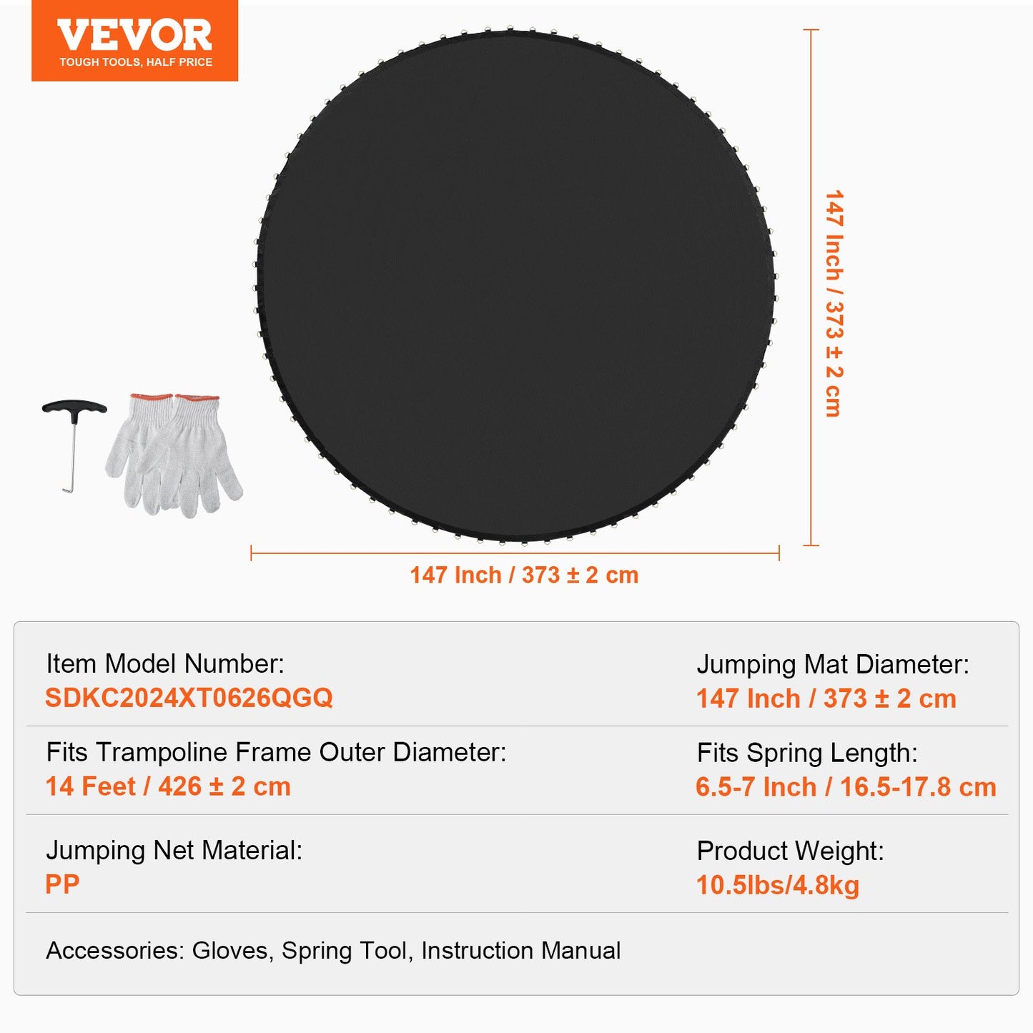 Replacement Trampoline Mat, Jumping Mat Fits 14ft Frame, Universal Jumping Mat for 14ft Round Trampoline, Reinforce UV-Resistant Mat with Spring Tool & Durable V-Rings, Fit 6.5"-7" Spring Length
