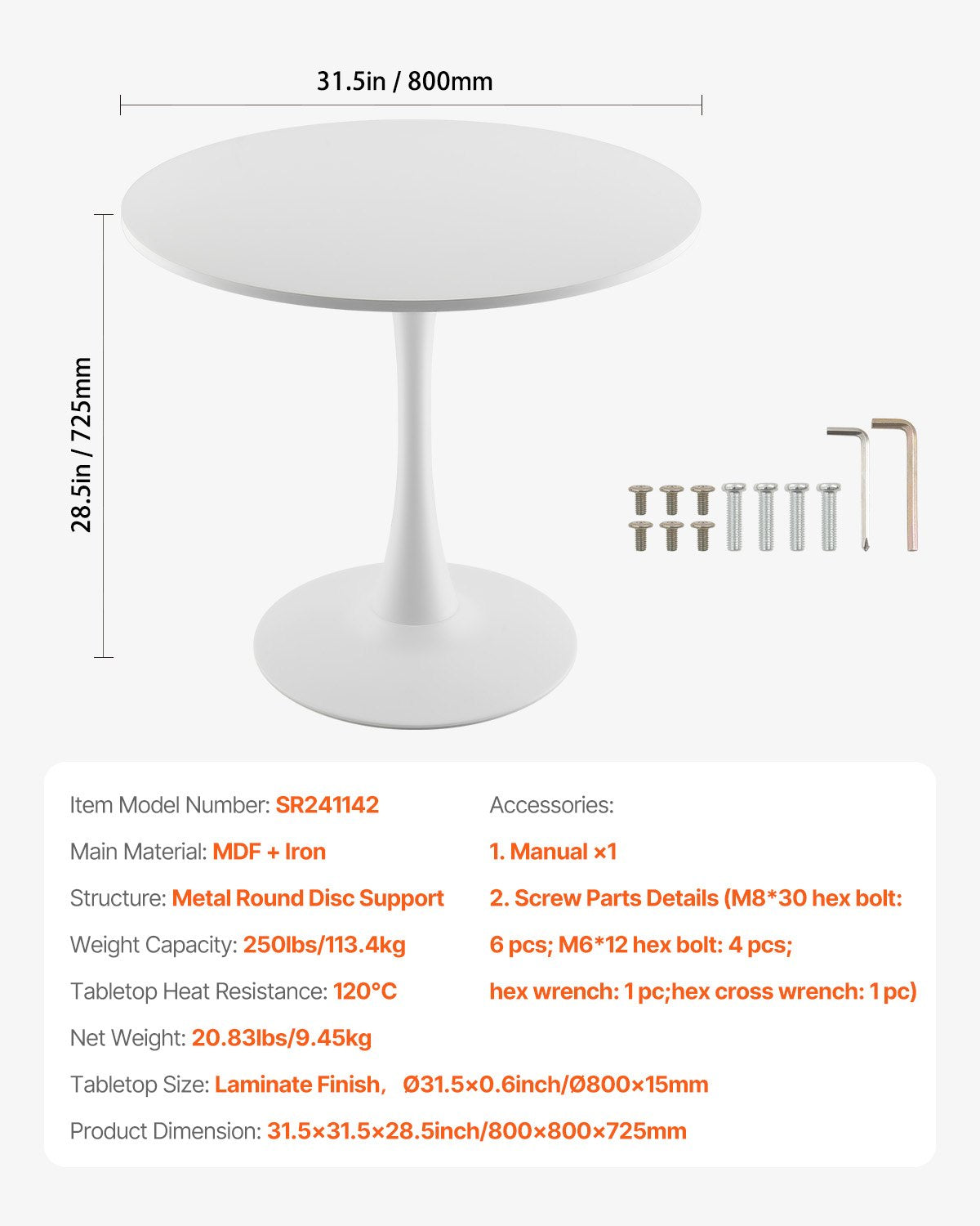 Round Dining Table, 31.5 in Wood Table for 2-4 Person, Modern Circle Furniture, Leisure Coffee Office Tables with Pedestal Base in Tulip Design, for Home Kitchen Living Room, White(Only Table)