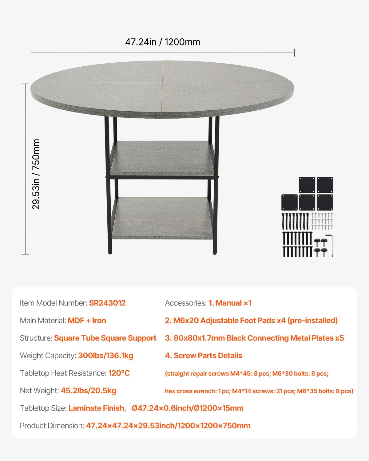 Round Dining Table, 47 inch Wood Table for 4-6 Person, Modern Circle Dinner Furniture, Leisure Tables with Storage Shelf and Metal Legs, for Home Kitchen Living Room, Grey (Only Table)