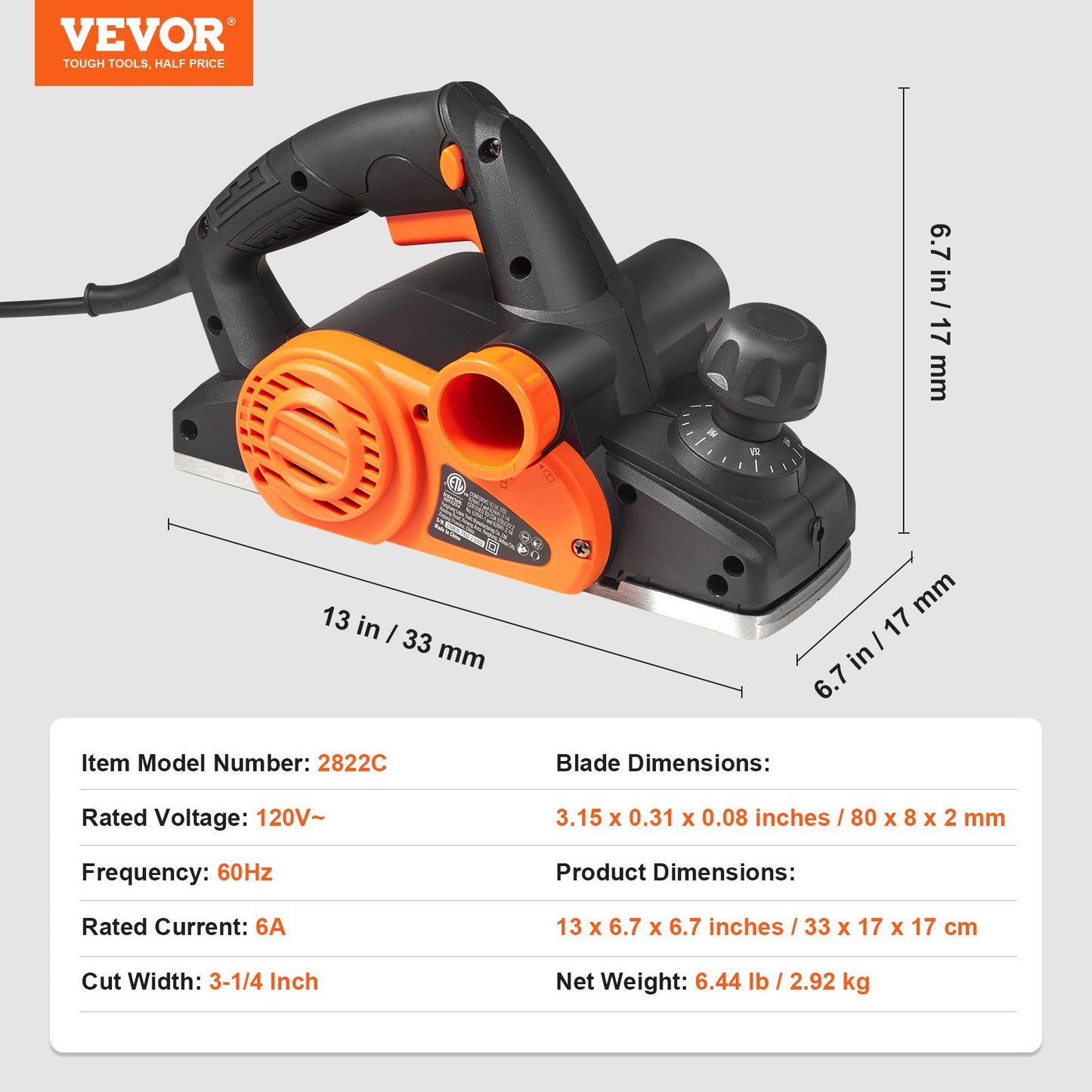Electric Hand Planer, 3-1/4" width Corded Electric Hand Planer, 16500 RPM High-Speed Powerful Electric Handheld Planers for Woodworking, Wood Chamfer DIY, Smooth Finish Carpentry Tool, FCC-SDoC