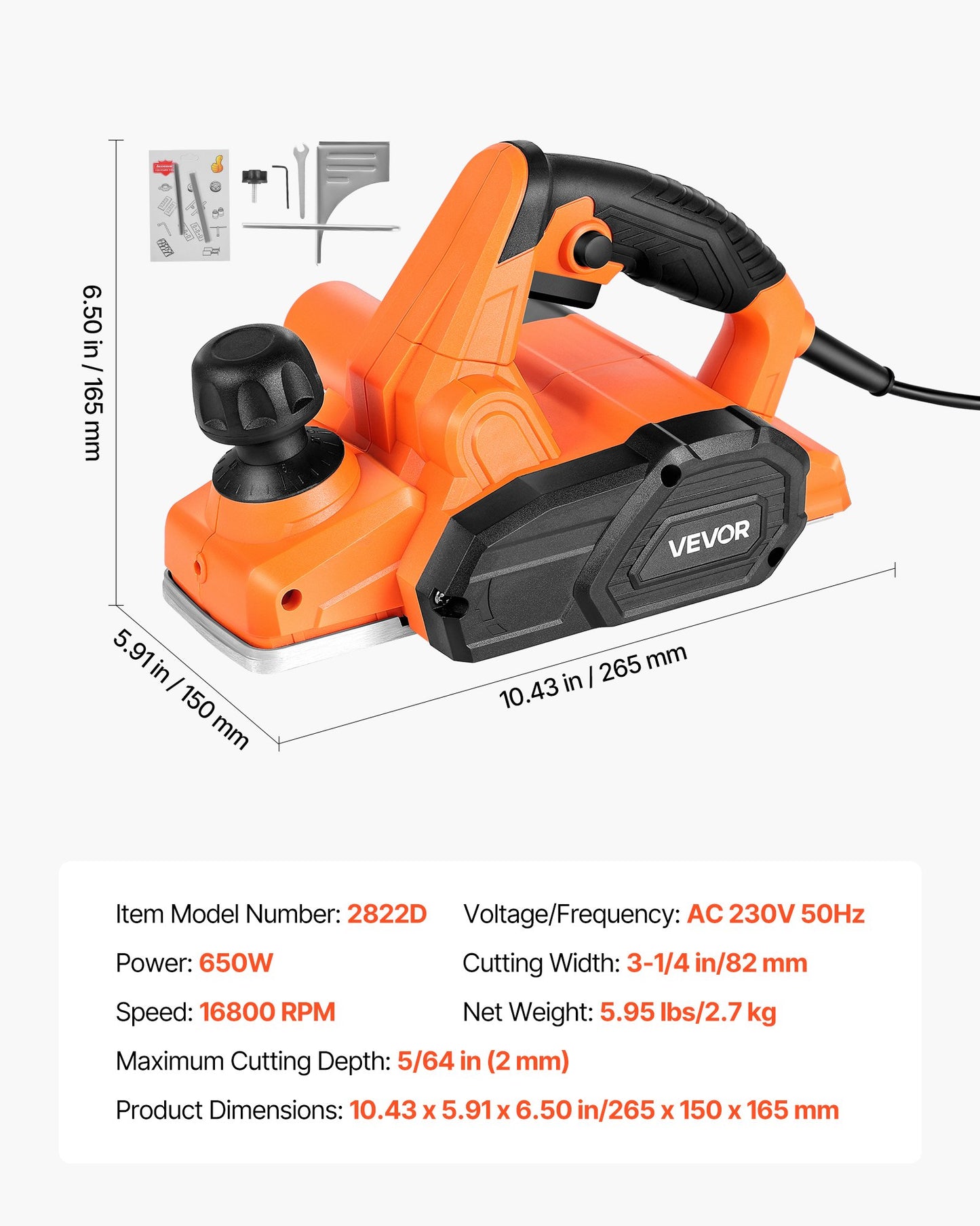 Electric Hand Planer, 3-1/4-Inch Cut Width, 7-Amp 16800 RPM Corded Power Handheld Planer for Wood, with Adjustable Cut Depth, 2 Blades, for Woodworking Wood Chamfer DIY Smooth Finish Carpentry