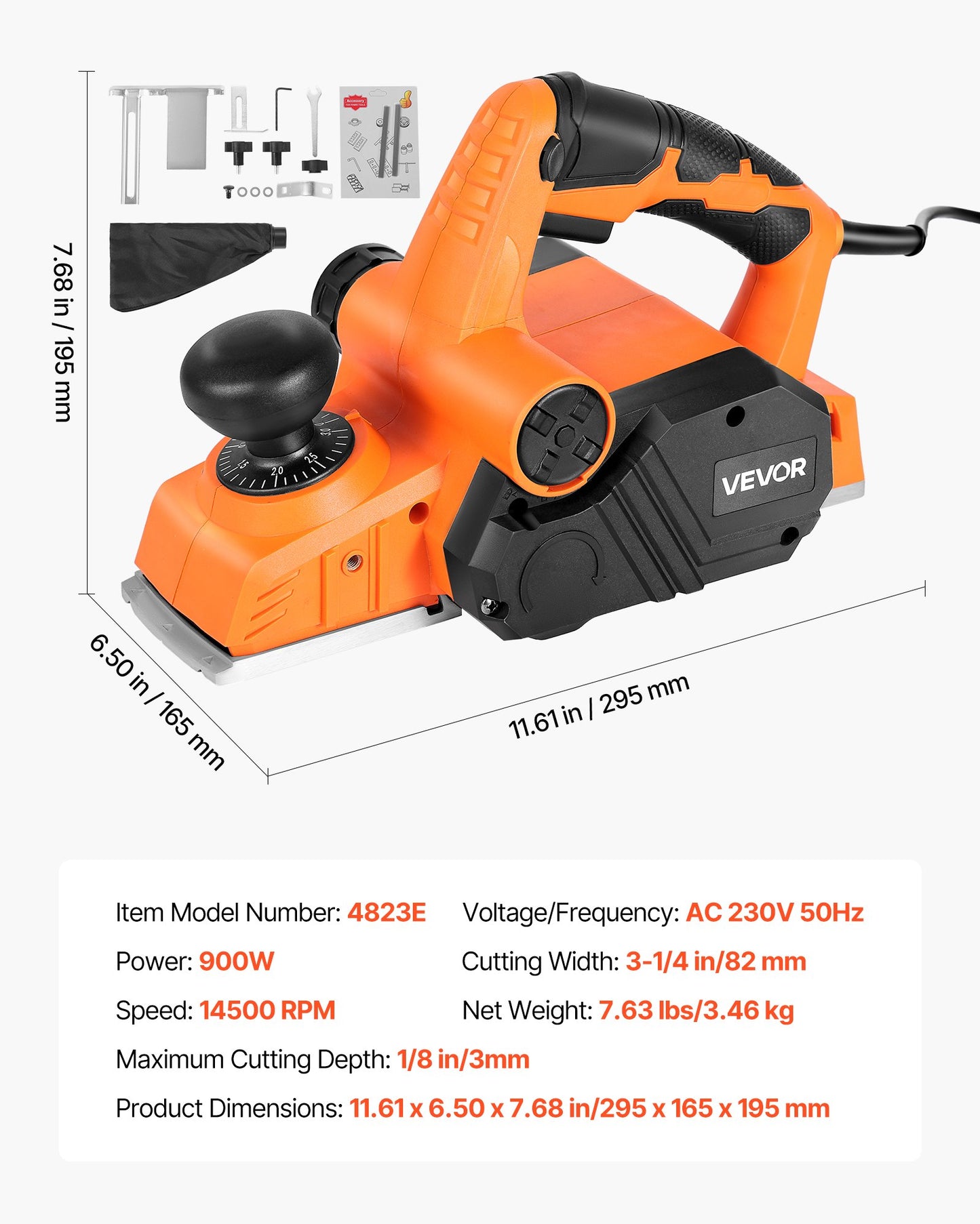 Electric Hand Planer, 3-1/4-Inch Cut Width, 7-Amp 14500 RPM Corded Power Handheld Planer for Wood, with Adjustable Cut Depth, 2 Blades, for Woodworking Wood Chamfer DIY Smooth Finish Carpentry