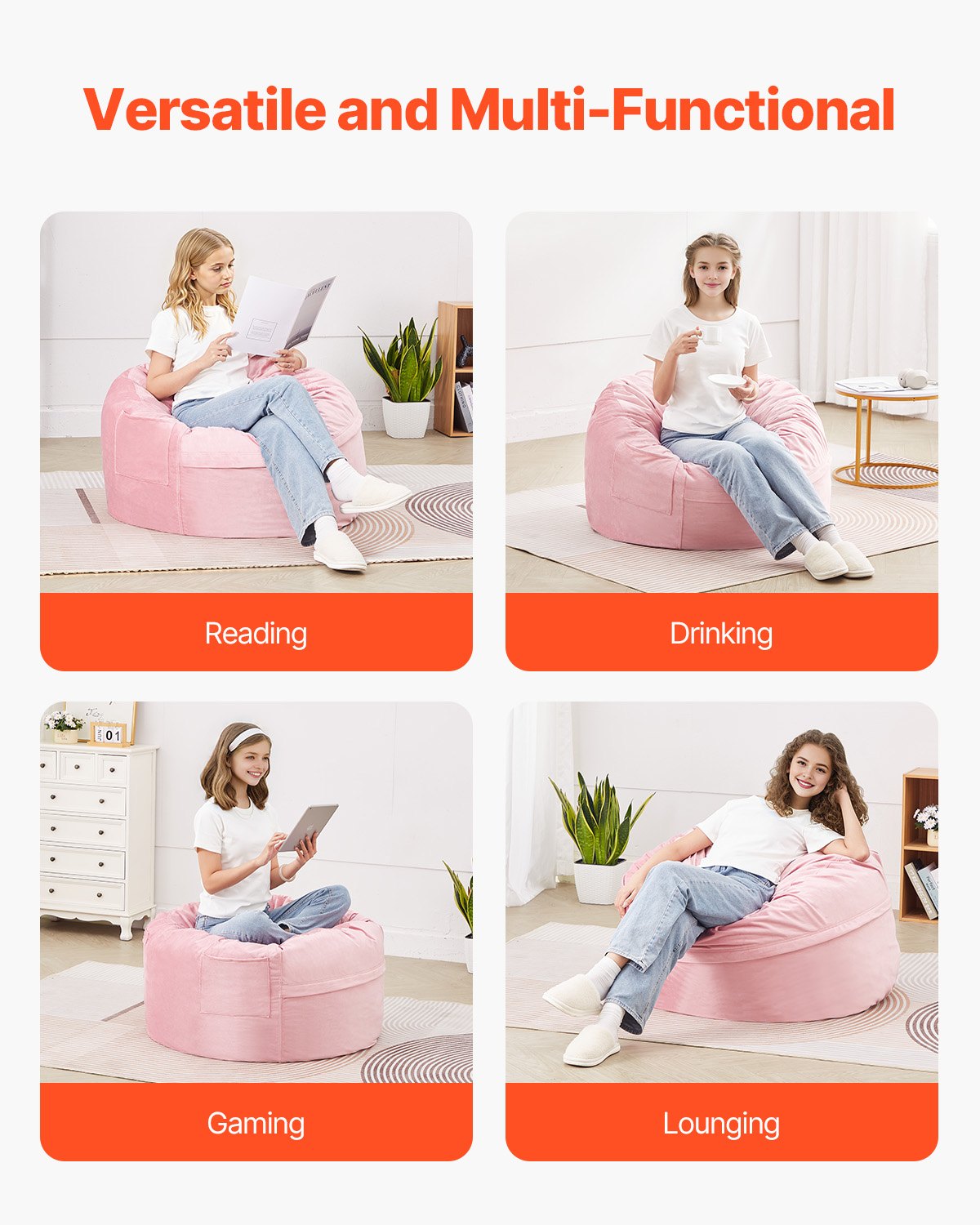 Bean Bag Chair, 3 feet Round Bean Bag Chair with Removable and Washable Cover, 25D Memory Foam Filled with Soft and Smooth Dutch Velvet, Bean Bag for Bedroom or Playroom, Pink