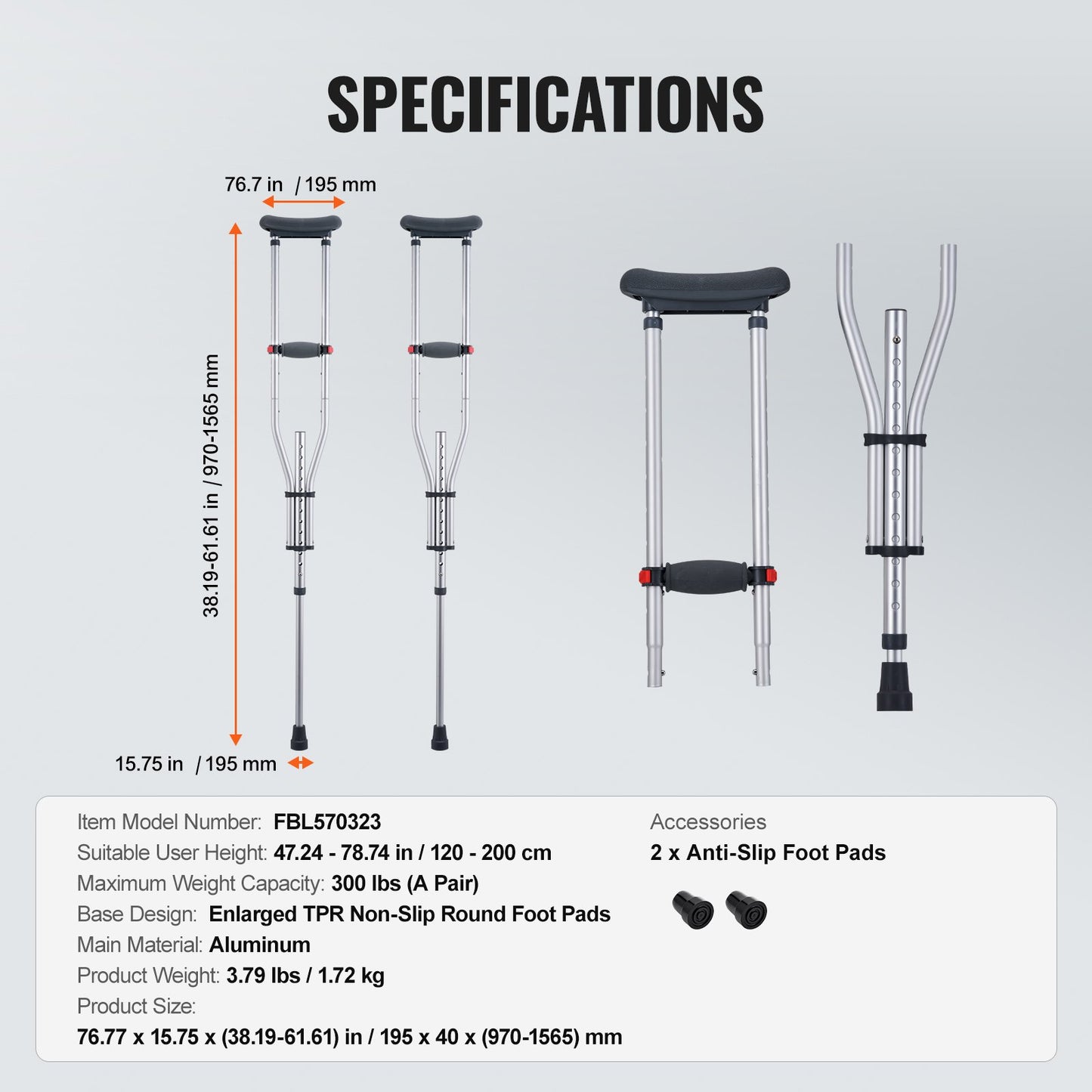 Underarm Crutches, 13-Level Height Adjustable Underarm Walking Crutches, Lightweight Aluminum Crutches for Adults Teenager - with Soft Underarm Pad for Leg Injury Surgery Disabled, 1 Pair 300LBS