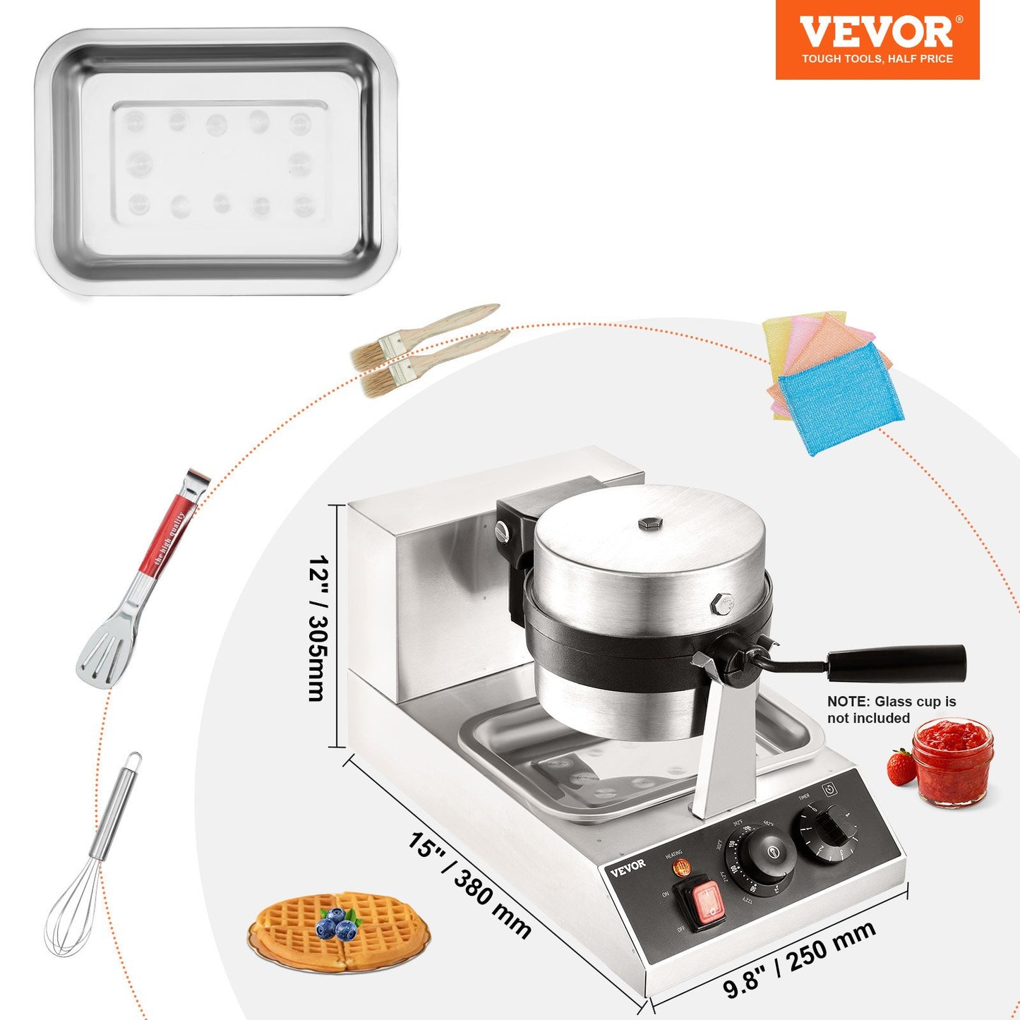 Commercial Waffle Maker, 1 Piece per Batch, 1300W Round Waffle Iron, Non-Stick Waffle Baker Machine with 122-572℉ / 50-300℃ Temp Range Teflon-Coated Baking Pans Stainless Steel Body, 120V