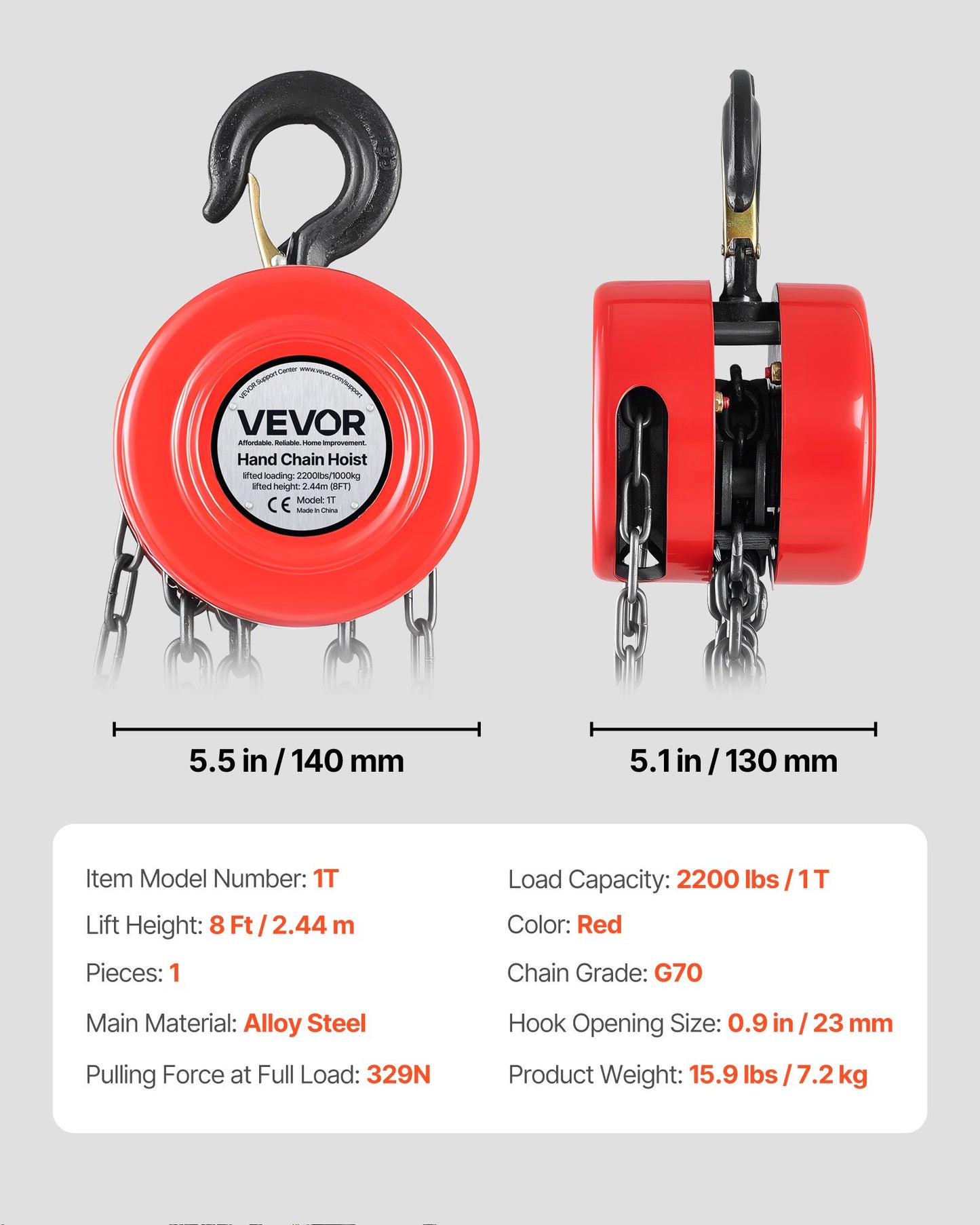 Hand Chain Hoist, 1 Ton 2200 lbs Capacity, Manual Chain Block with Upgrade G70 Galvanized Chain, 8 ft Lifting Height, Heavy Duty Pulley Hoist for Garage Warehouse Automotive Machinery, Red