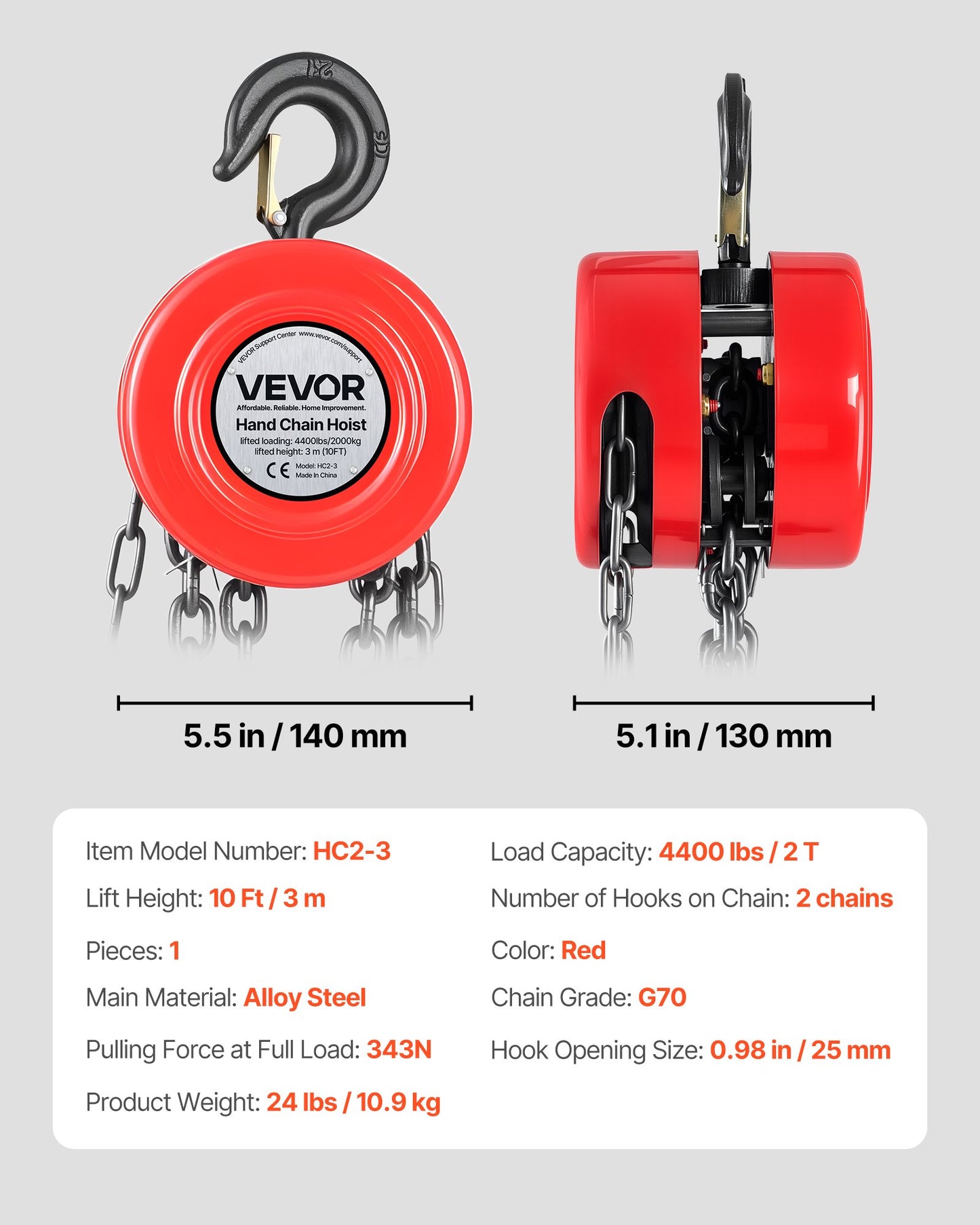 Hand Chain Hoist, 2 Ton 4400 lbs Capacity, Manual Chain Block with Upgrade G70 Galvanized Chain, 10 ft Lifting Height, Heavy Duty Pulley Hoist for Garage Warehouse Automotive Machinery, Red