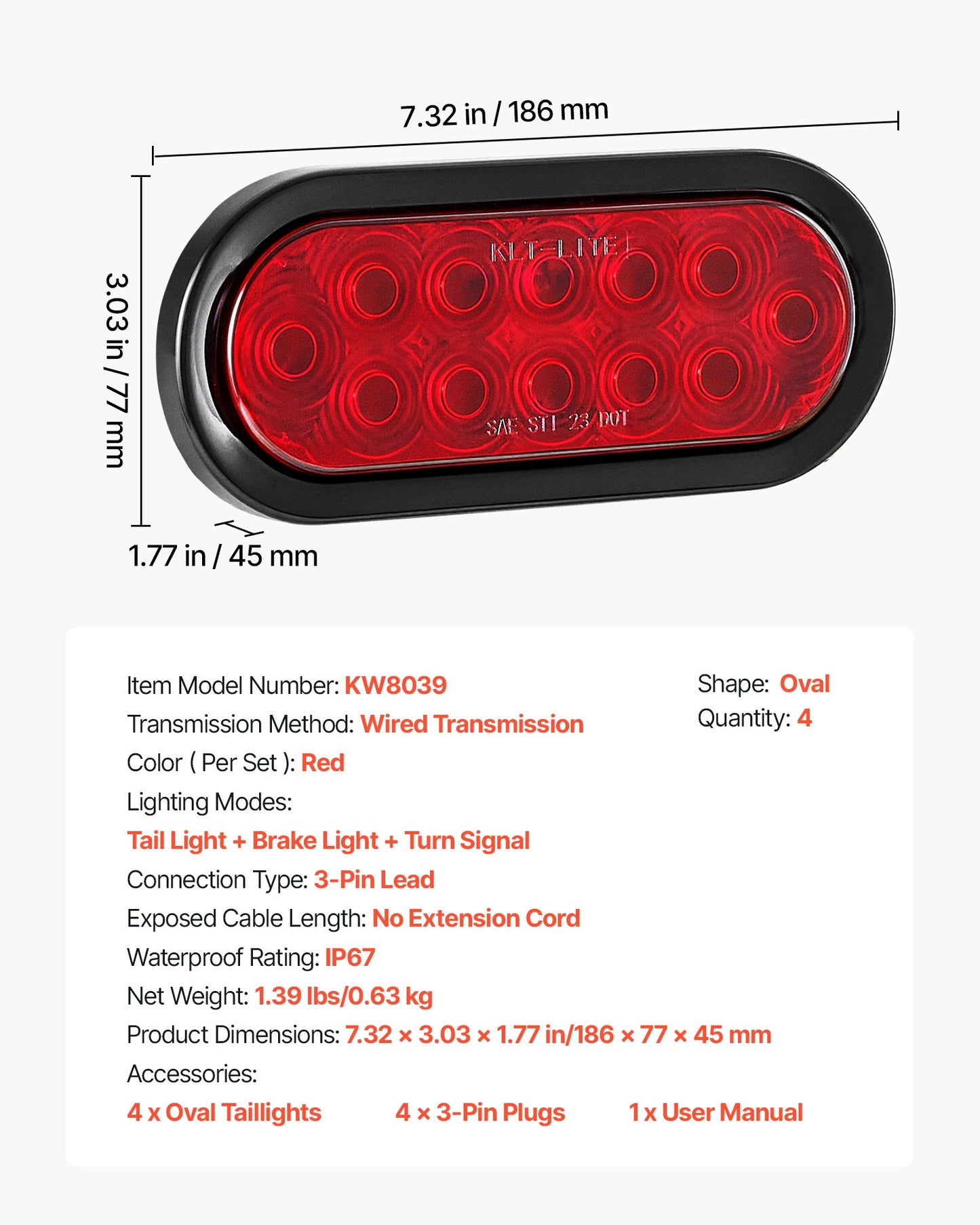 Trailer Lights, 4PCS 12V Oval LED Trailer Tail Lights Kit with Stop Brake Turn Tail Lamp, Waterproof Tow Lighting Kit for Boat Truck Camper RV Snowmobile Bus Caravan, 2 Mounting Options, Red