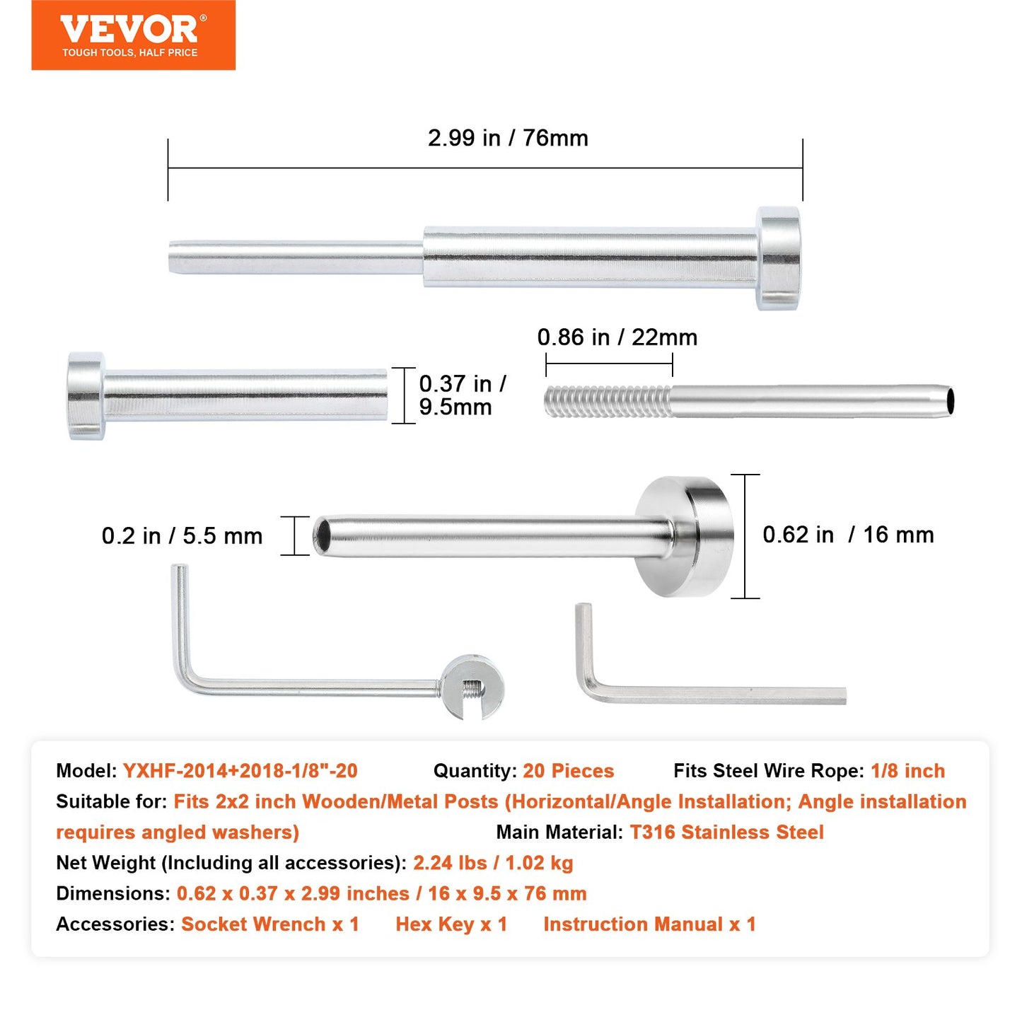 20 Pack Invisible Cable Railing kit, T316 Stainless Steel 1/8" Invisible Receiver and Swage Stud End for Cable Railing, Swage Tensioner 1/8" for Wood/Metal Post, Cable Railing Hardware, Silver