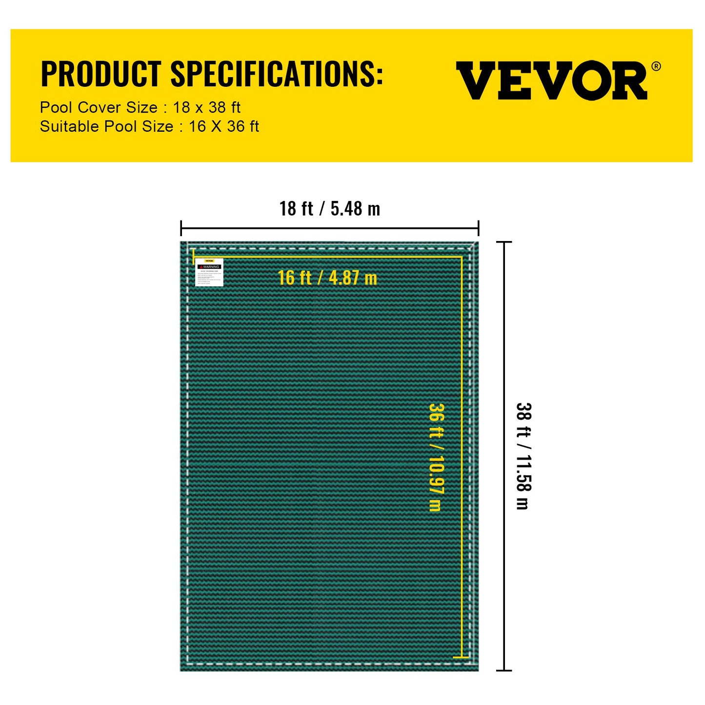 Pool Safety Cover Fits 16x36ft Rectangle Inground Pools, Safety Pool Cover with Drainage Holes, Mesh Solid Pool Cover for Swimming Pool, Winter Safety Cover, Green