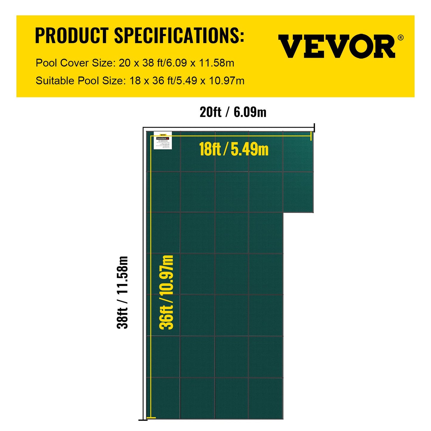 Inground Pool Safety Cover, 20 ft x 38 ft Rectangular Winter Pool Cover with Right Step, Triple Stitched, High Strength Mesh PP Material, Good Rain Permeability, Installation Hardware Included