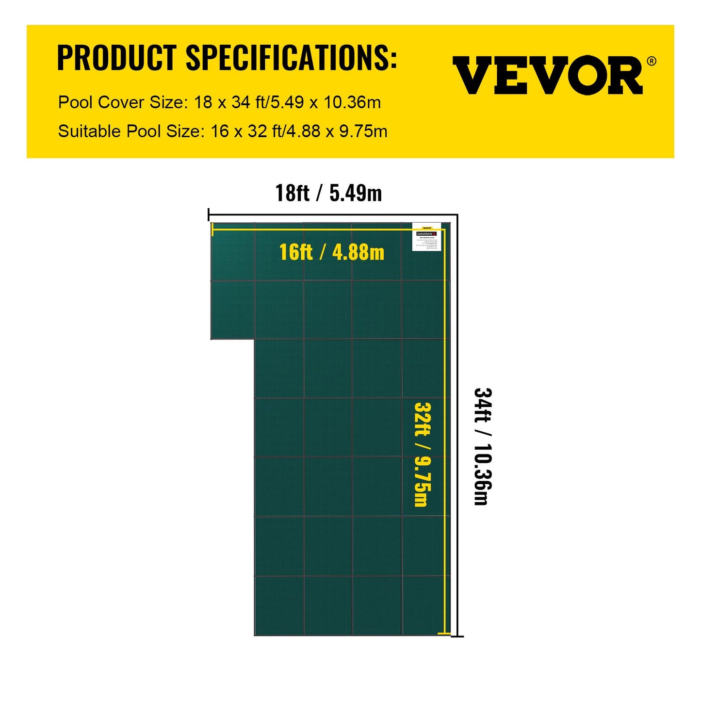 Inground Pool Safety Cover, 18 ft x 34 ft Rectangular Winter Pool Cover with Left Step, Triple Stitched, High Strength Mesh PP Material, Good Rain Permeability, Installation Hardware Included