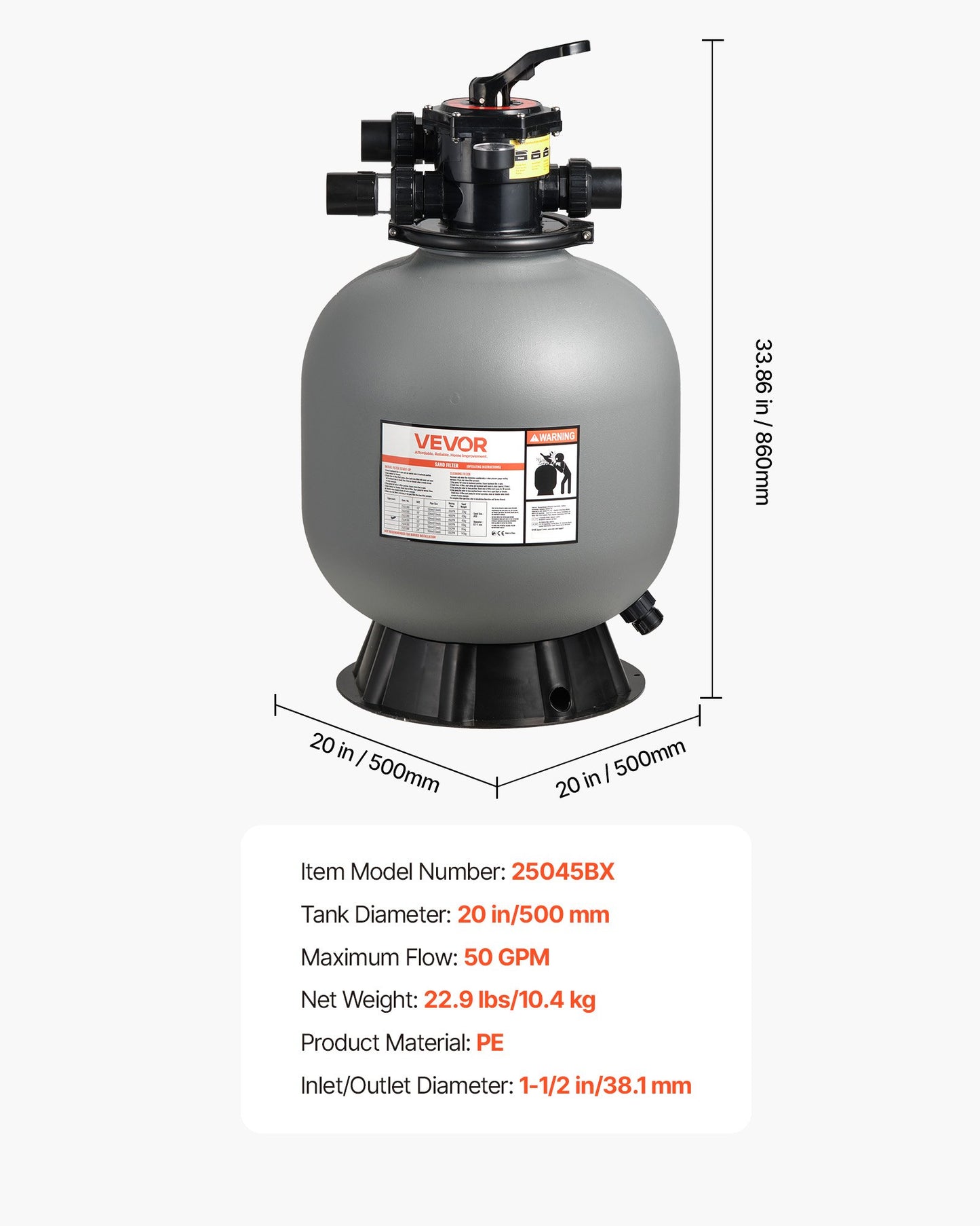 Sand Filter, 20-Inch, 50 GPM Above Inground Swimming Pool Sand Filter System, with 7-Way Multi-Port Valve, Backwash, Rinse, Recirculate, Waste, Winter, Closed Modes, for Above In Ground Pools