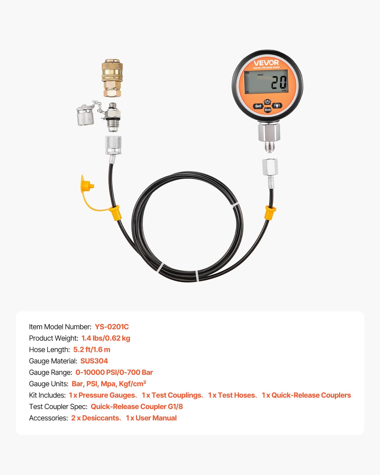 Digital Hydraulic Pressure Test Coupling Kit, 10000 PSI Pressure Gauge Manometer Tester with 1 Gauge, 1 Test Coupling, 1 Quick-Release Coupler, and 1 Hose for Excavator Construction Machinery