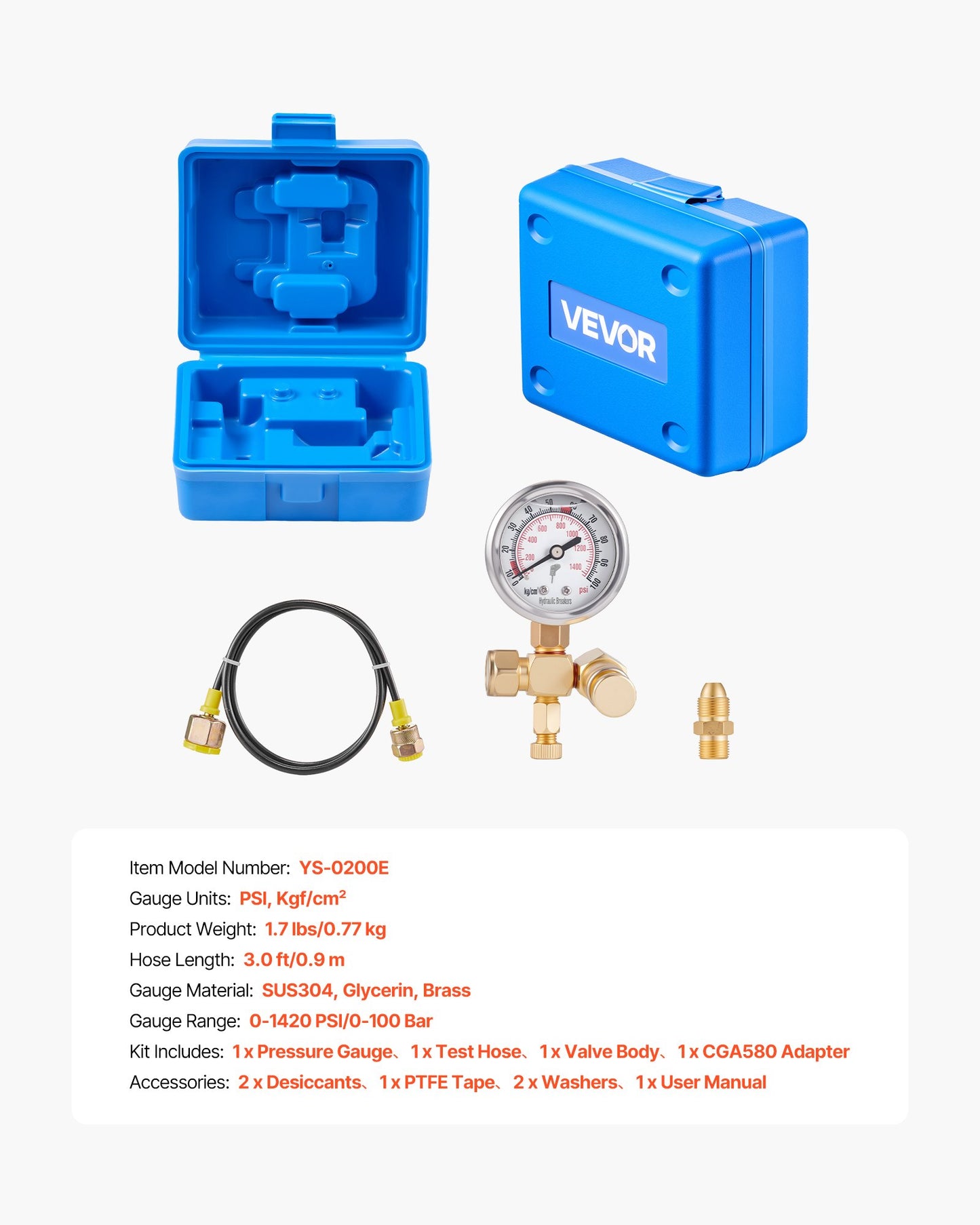 Hydraulic Nitrogen Accumulator Charging Kit, 0-1420 PSI Nitrogen Fill Kit, Pressure Test System with 1 Pressure Gauge, 1 Gas Hose, 1 Valve Body and 1 CGA580 Adapter for Construction Machinery