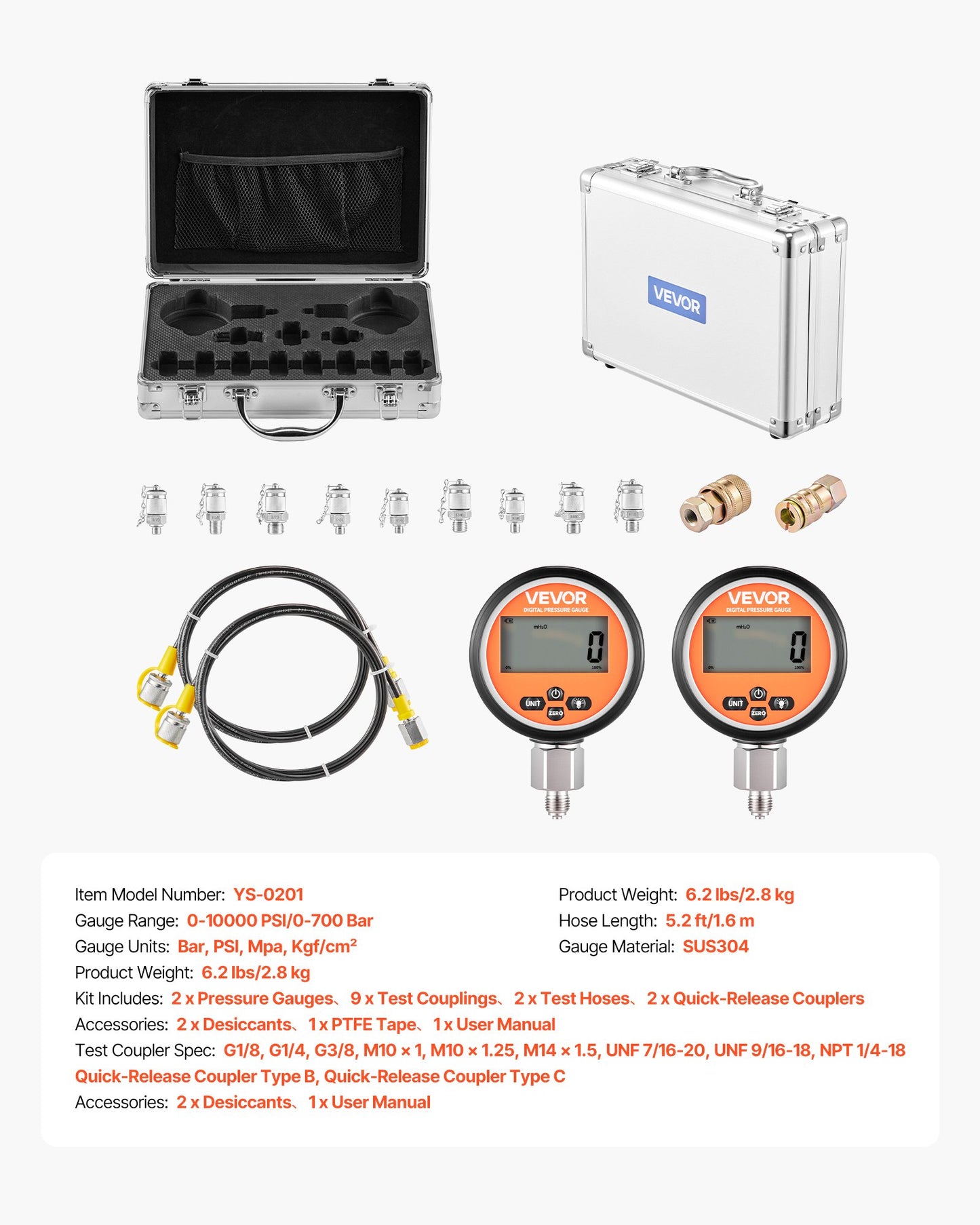 Digital Hydraulic Pressure Test Coupling Kit, 10000 PSI Pressure Gauge Manometer Tester with 2 Gauges, 9 Test Couplings, 2 Quick-Release Couplers, 2 Hoses for Excavator Construction Machinery