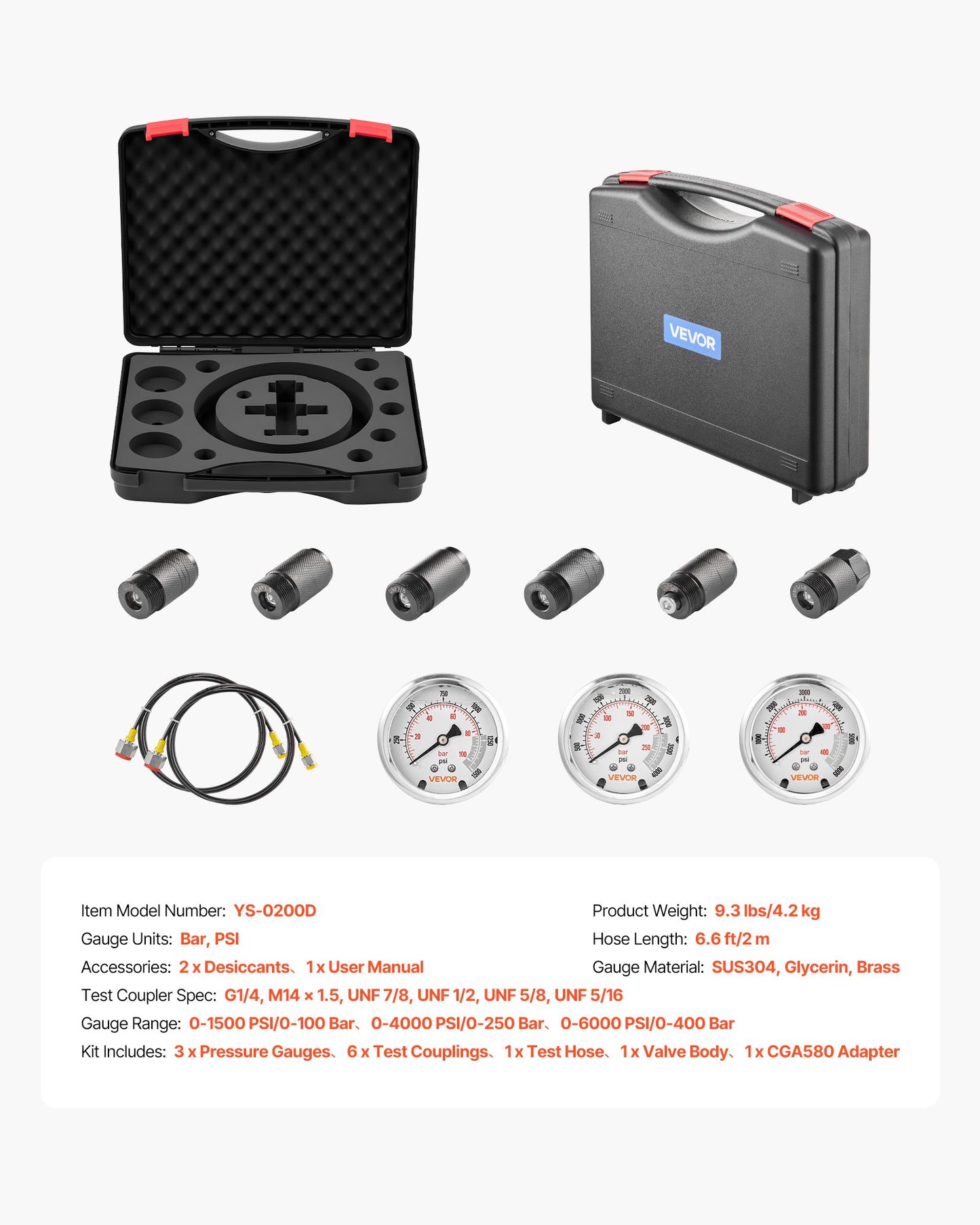 Hydraulic Nitrogen Accumulator Charging Kit, All-in-One Nitrogen Fill Kit, Pressure Test System with 3 Gauges (1500, 4000, 6000 PSI), 6 Adapters Couplings, 1 Gas Hose, 1 Valve, 1 CGA580 Adapter