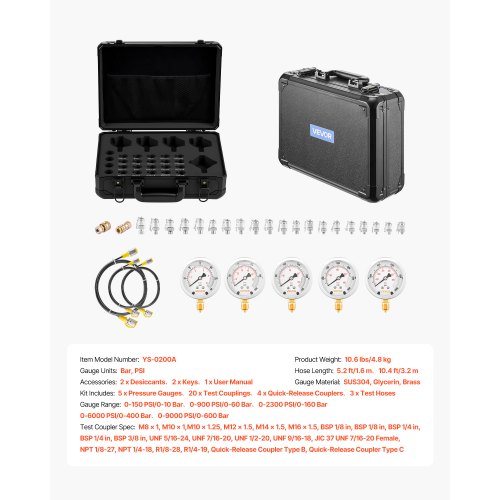 Hydraultryckstestsats, 10/60/160/400/600 bar (150/900/2300/6000/9000 psi), Hydraulisk mätaresats 5 mätare 20 kopplingar 4 snabbkopplingar 3 slangar för grävmaskin och byggmaskiner | EU
