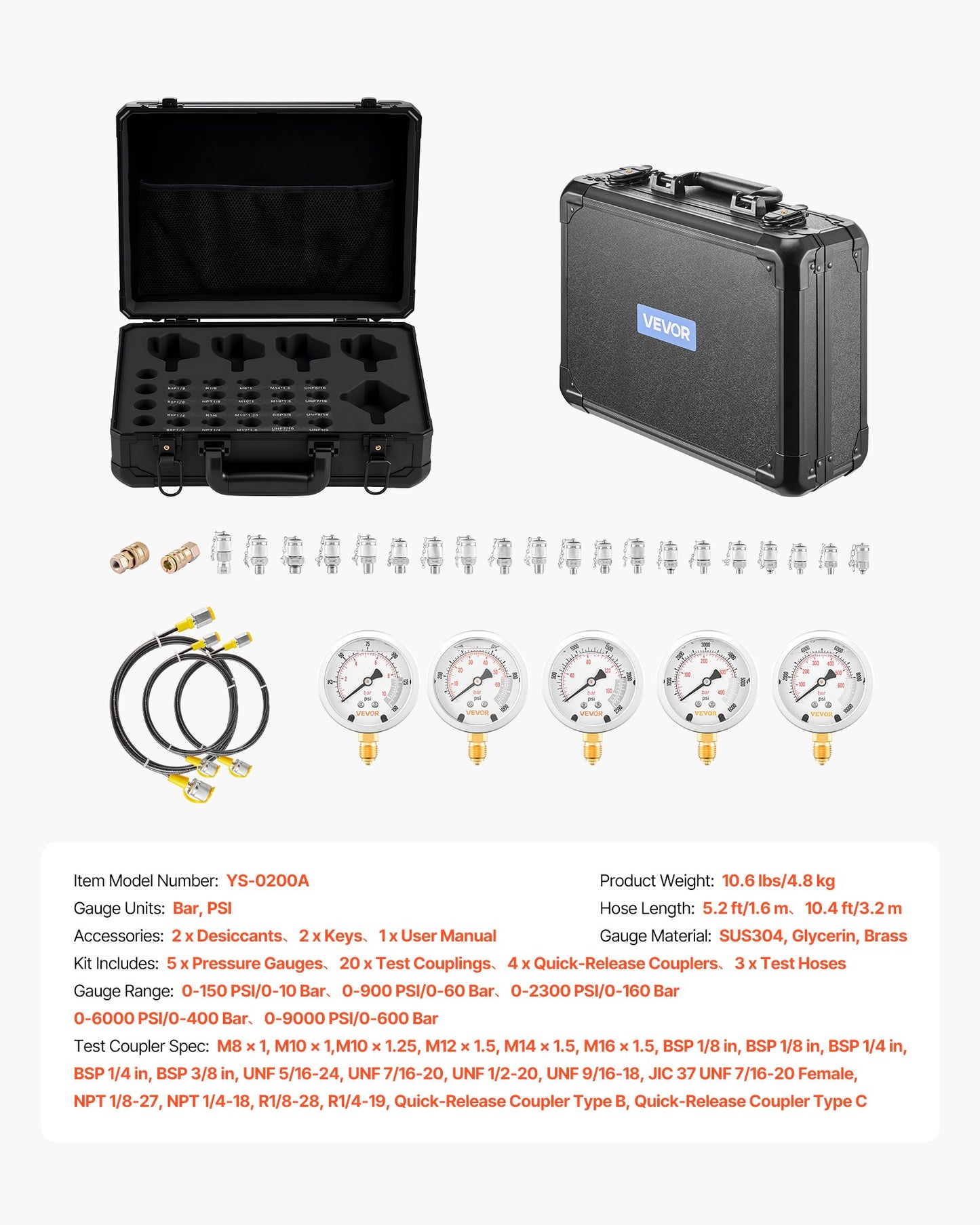 Hydraulic Pressure Test Kit, 150/900/2300/6000/9000 PSI (10/60/160/400/600 Bar), Hydraulic Gauge Kit 5 Gauges 20 Couplings 4 Quick-Release Couplers 3 Hoses for Excavator Construction Machinery