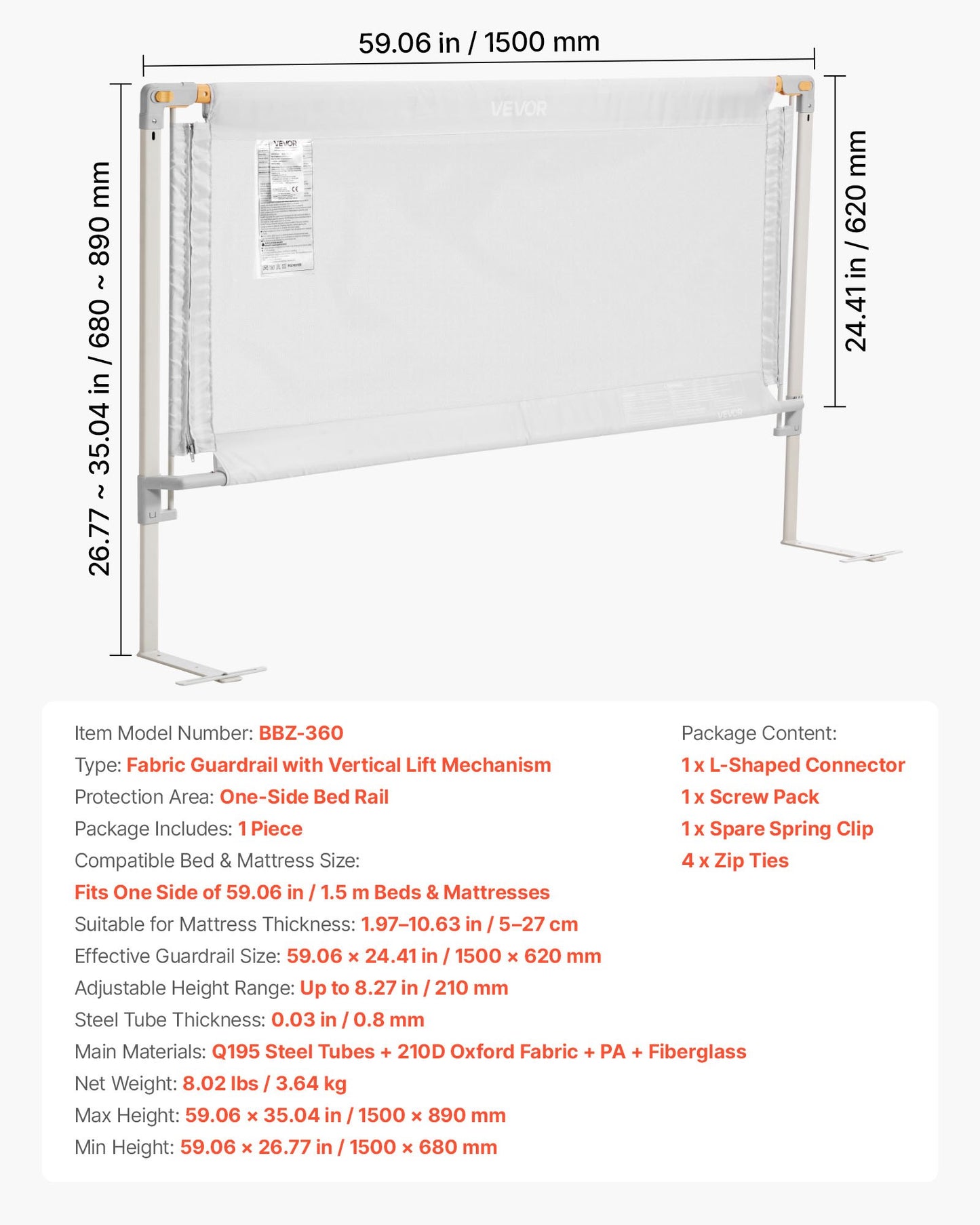 Toddler Bed Rail, Kids Beds Guard Rail with Reinforced Iron Pipe and Oxford Cloth, Adjustable Height Bed Side Railing, Portable Guard Bumper Barrier for Crib, Bunk, 59.06 x 35.04 in, 1 Piece