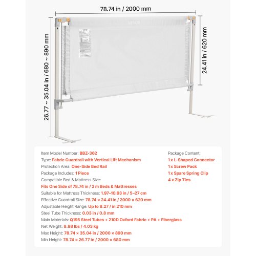 Sänggrind för småbarn, skyddsräcke för barnsängar med förstärkt järnrör och oxfordtyg, justerbart sängräcke, bärbart skyddsräcke för spjälsäng, våningssäng, 2000 x 890 mm, 1 styck | EU