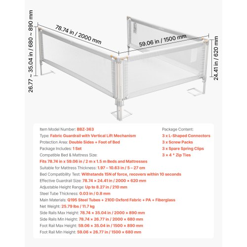 3-delad sänggrind för småbarn, skyddsräcke för barnsängar med förstärkt järnrör och oxfordtyg, justerbart sängräcke på sidorna, bärbart skyddsräcke för queen size, 3 sidor, grå | EU