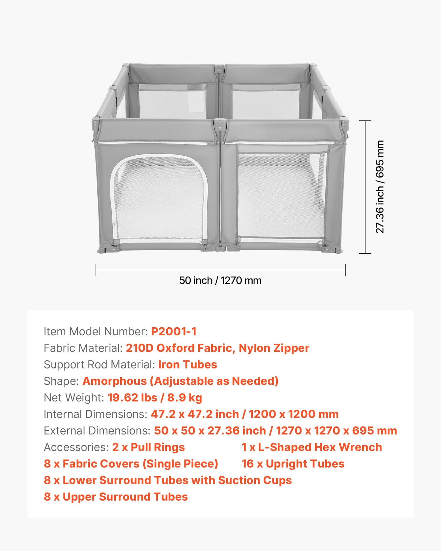 Baby Playpen, 47.2″ x 47.2″ Foldable Toddlers Playpen, Indoor/Outdoor Baby Fence Play Yard with Zippered Door & Soft Breathable Mesh, No-Gap Toddlers Activity Center for 6 -24 Months Babies