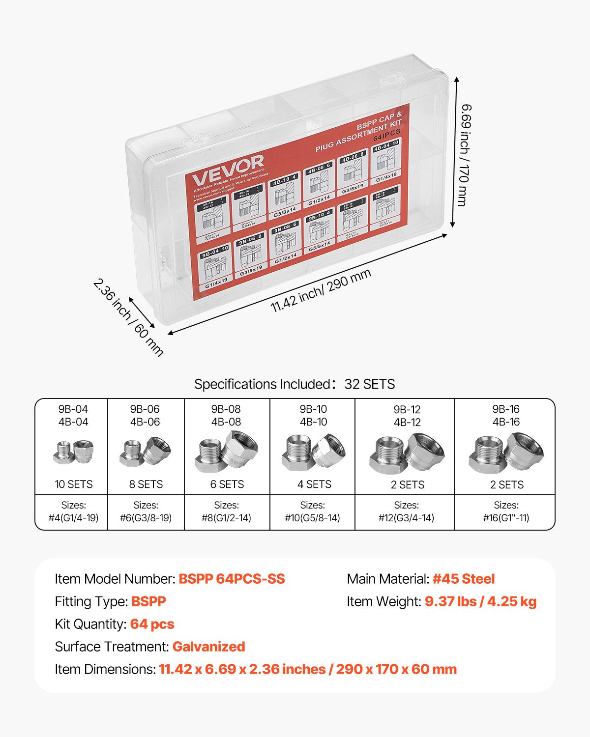 64 PCS BSPP Hydraulic Fittings, Hydraulic Cap and Plug Kit with Precision Threading, Galvanized Steel Heavy Duty Hydraulic Fitting Adapter Kit, Dash Sizes 04/06/08/10/12/16