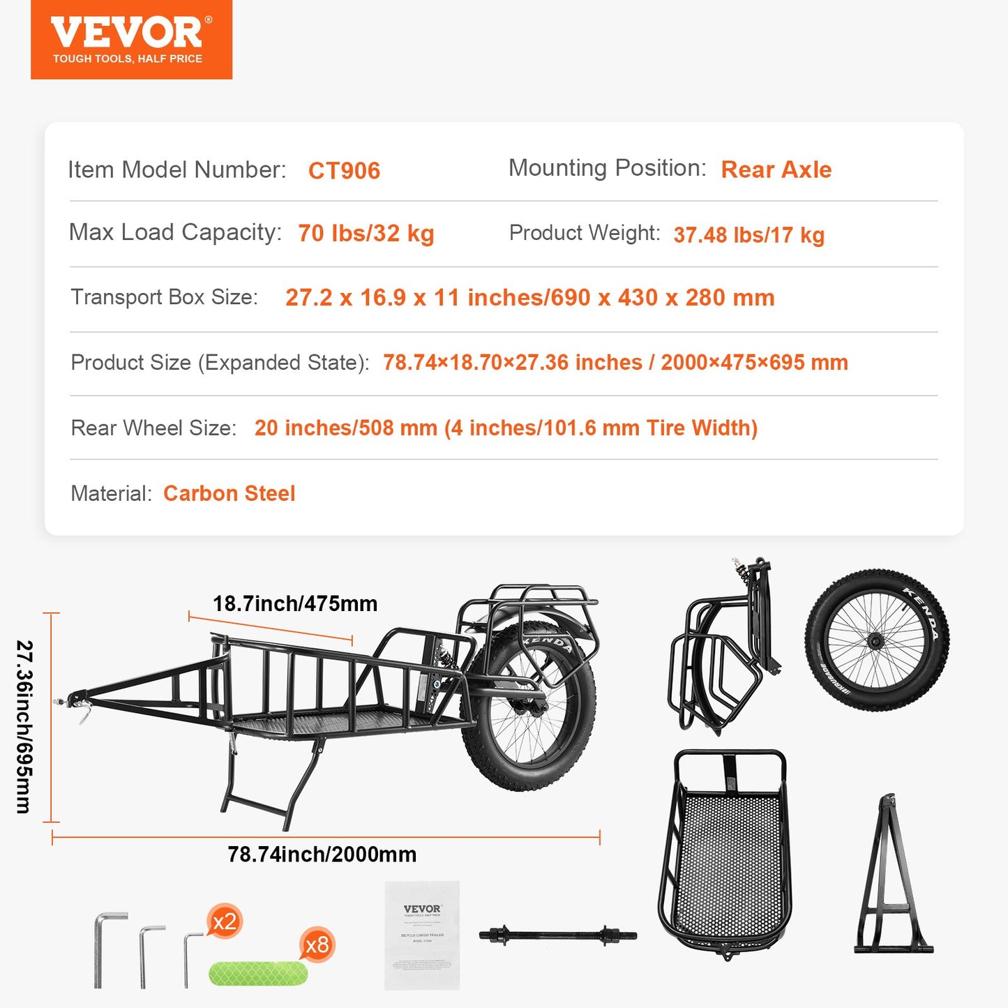 Bike Cargo Trailer, 70 lbs Load Capacity, Heavy-Duty Bicycle Wagon Cart, Compact Storage & Quick Release Structure with Universal Hitch, 20" Wheels, Fits Most Bike Wheels, Carbon Steel Frame
