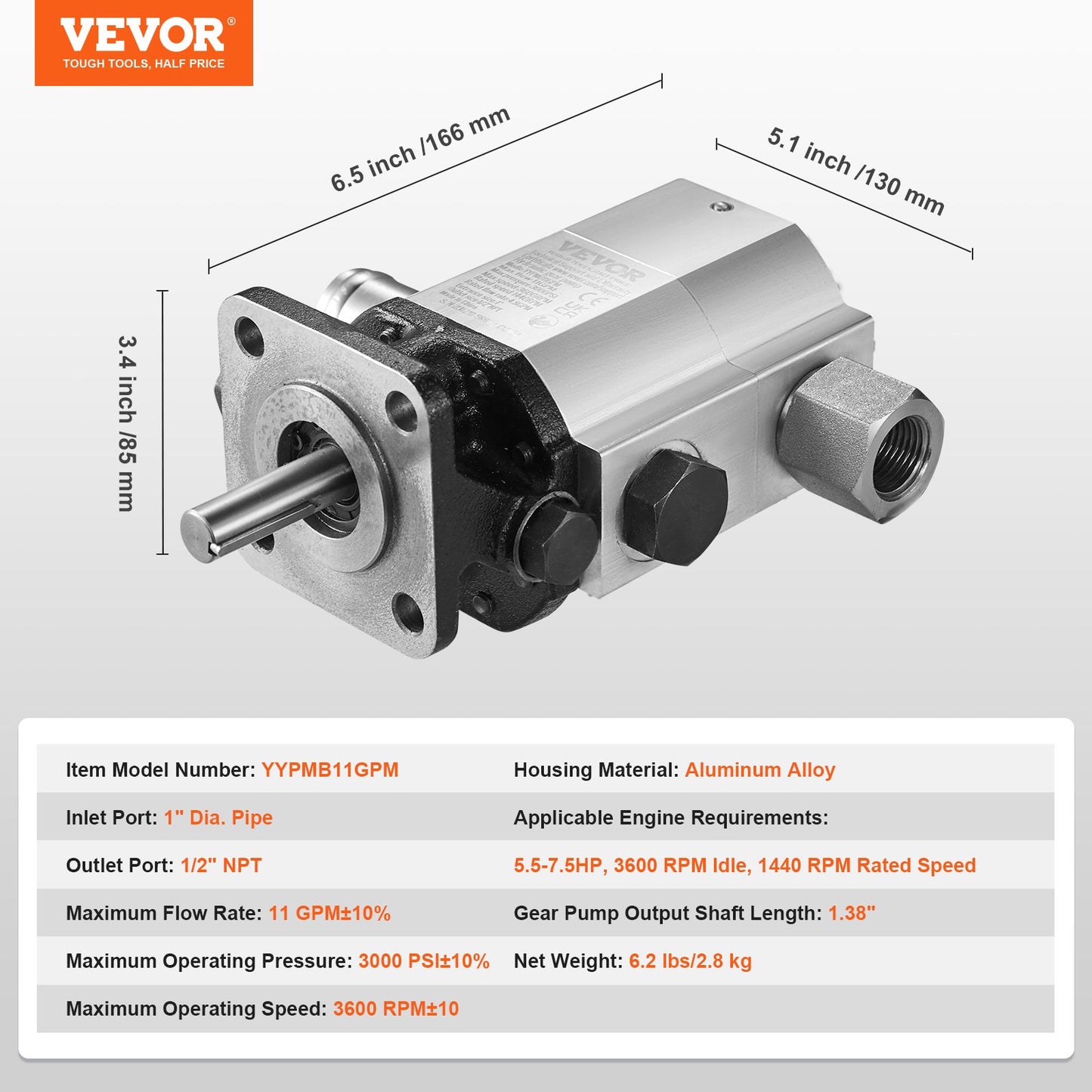 Hydraulic Log Splitter Pump, 11GPM, 2 Stage 3000PSI Wood Log Splitter Pump, 1'' Inlet 1/2'' NPT Outlet 3600 RPM Aluminum Hydraulic Gear Pump, for Small Engine Mounting Log Splitters Snowplow