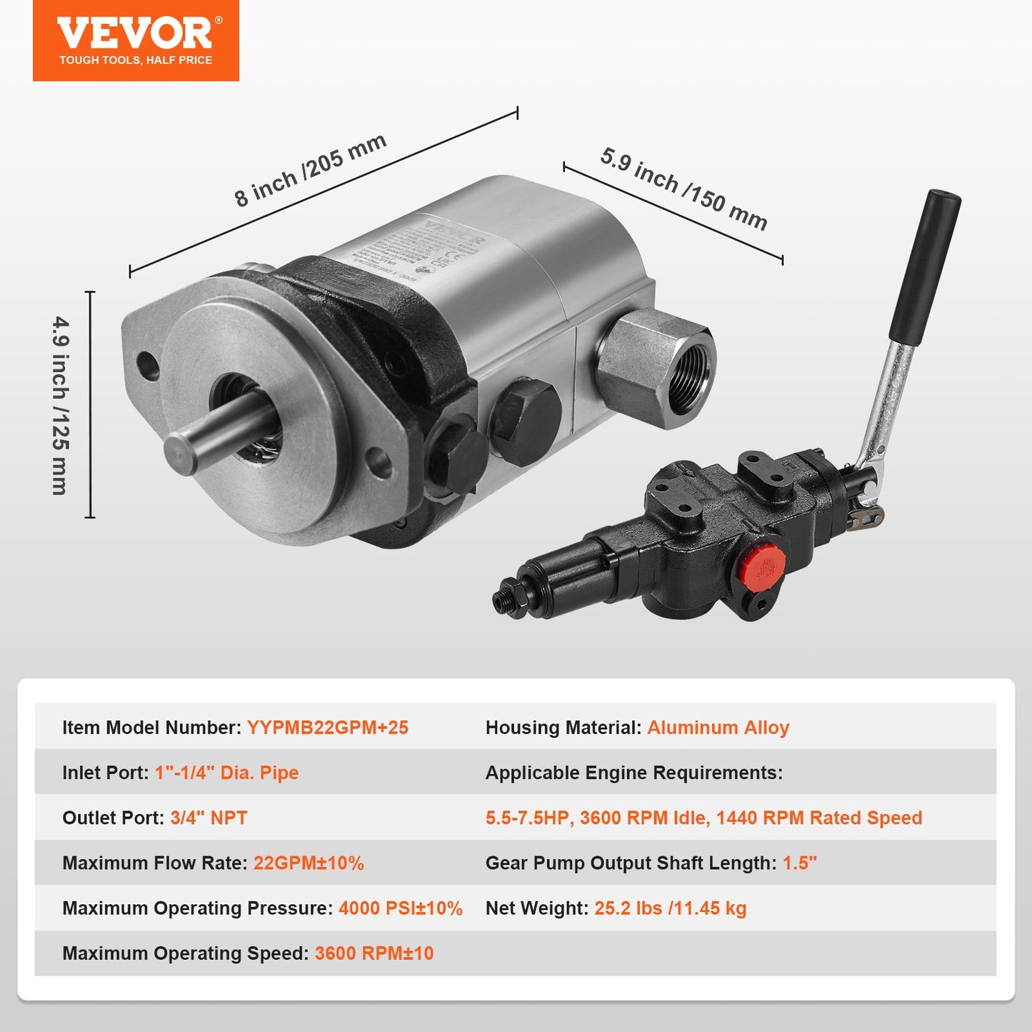 Hydraulic Wood Log Splitter Pump Kit, 22GPM, 2 Stage 4000PSI Aluminum Hydraulic Gear Pump, with Valve Coupling Installation Base 3/4'' NPT Outlet 3600 RPM, for Small Engine Mounting Log Splitter
