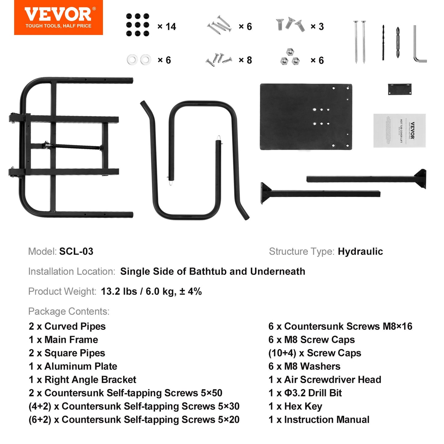 Hot Tub Cover Lift, Spa Cover Lift, Hydraulic, Height 33.1" - 41.3" Width 53.1" - 92.5" Adjustable, Installed Underneath on one Sides, Suitable for Various Sizes of Hot Tubs, Spa