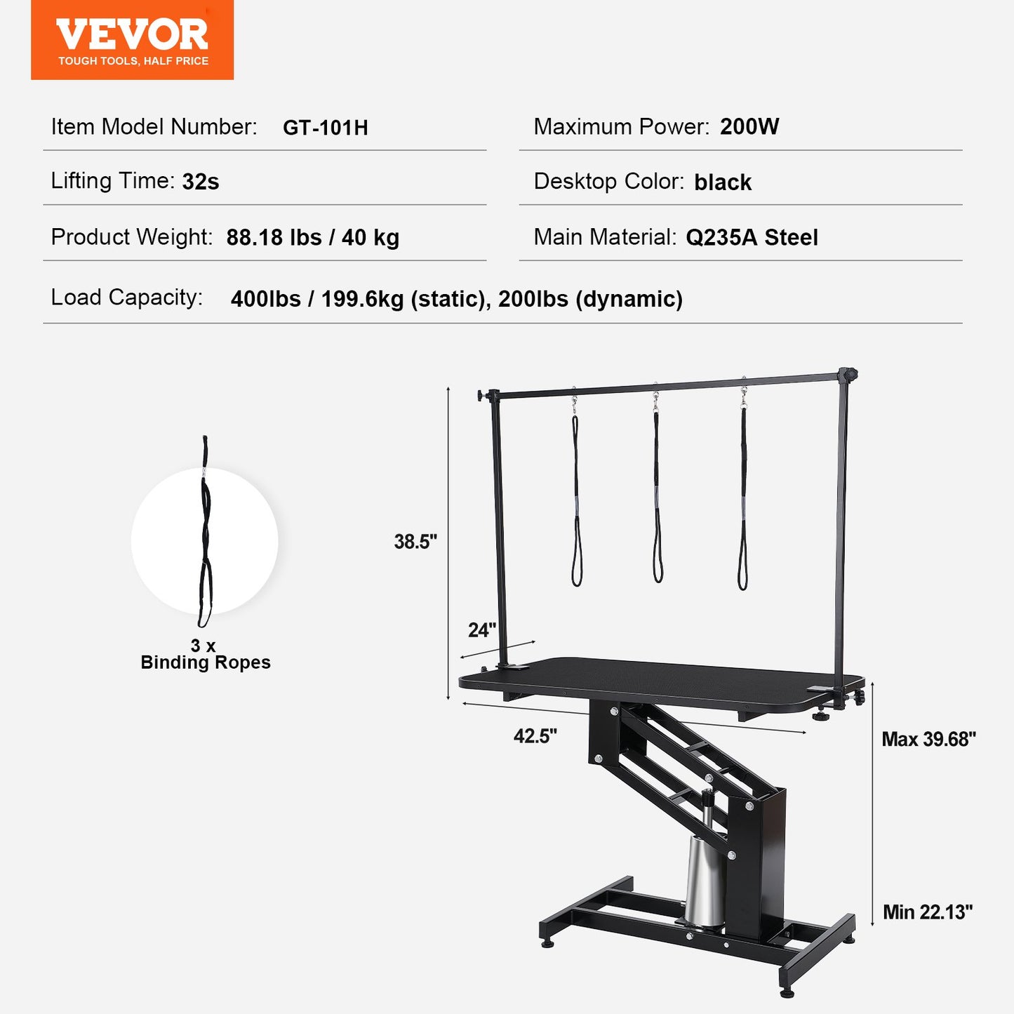 43" Hydraulic Pet Grooming Table, Heavy Duty Dog Grooming Arm for Medium/ Small Dogs, Height Adjustable Dog Grooming Station, Anti Slip Tabletop /Dog Grooming Station, Max Bearing 400LBS