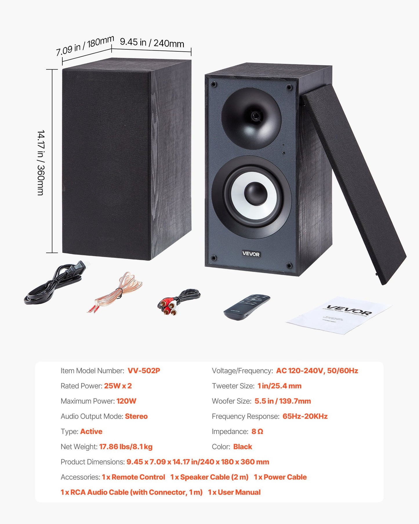 Powered Bookshelf Speakers, 25W x 2, Active Studio Monitor Speaker with 5.5 Inch Woofer, Bluetooth/RCA/Coaxial/Optical/USB/Subwoofer Connection, Wooden Enclosure, for Record Player Turntable PC
