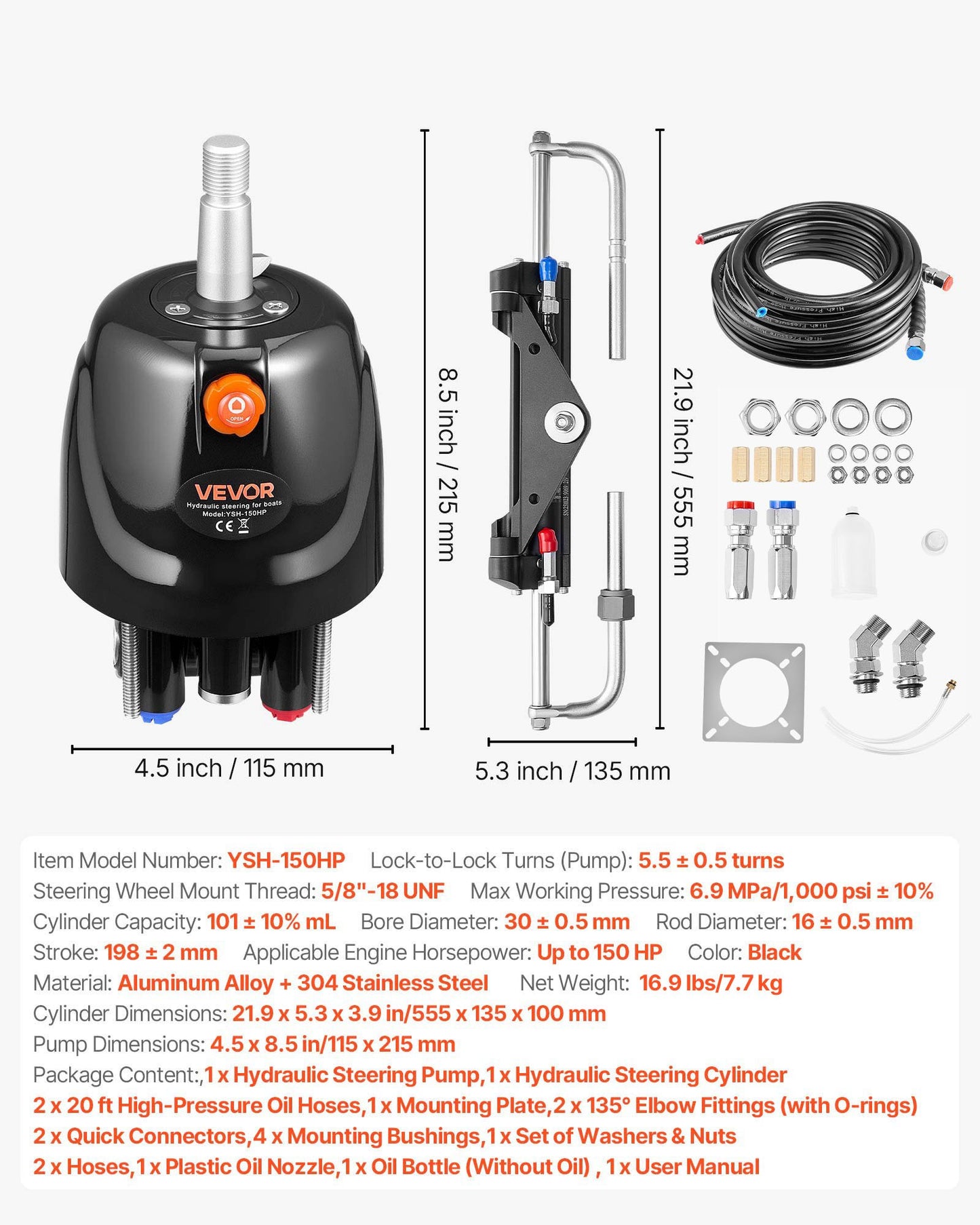 Hydraulic Steering Kit, 150 HP, Marine Boat Hydraulic Steering System, with 6.9 MPa/1000 psi Helm Pump, Two-Way Lock Cylinder, and 26ft High-Strength Hoses, for Single Station, Single-Engine Use