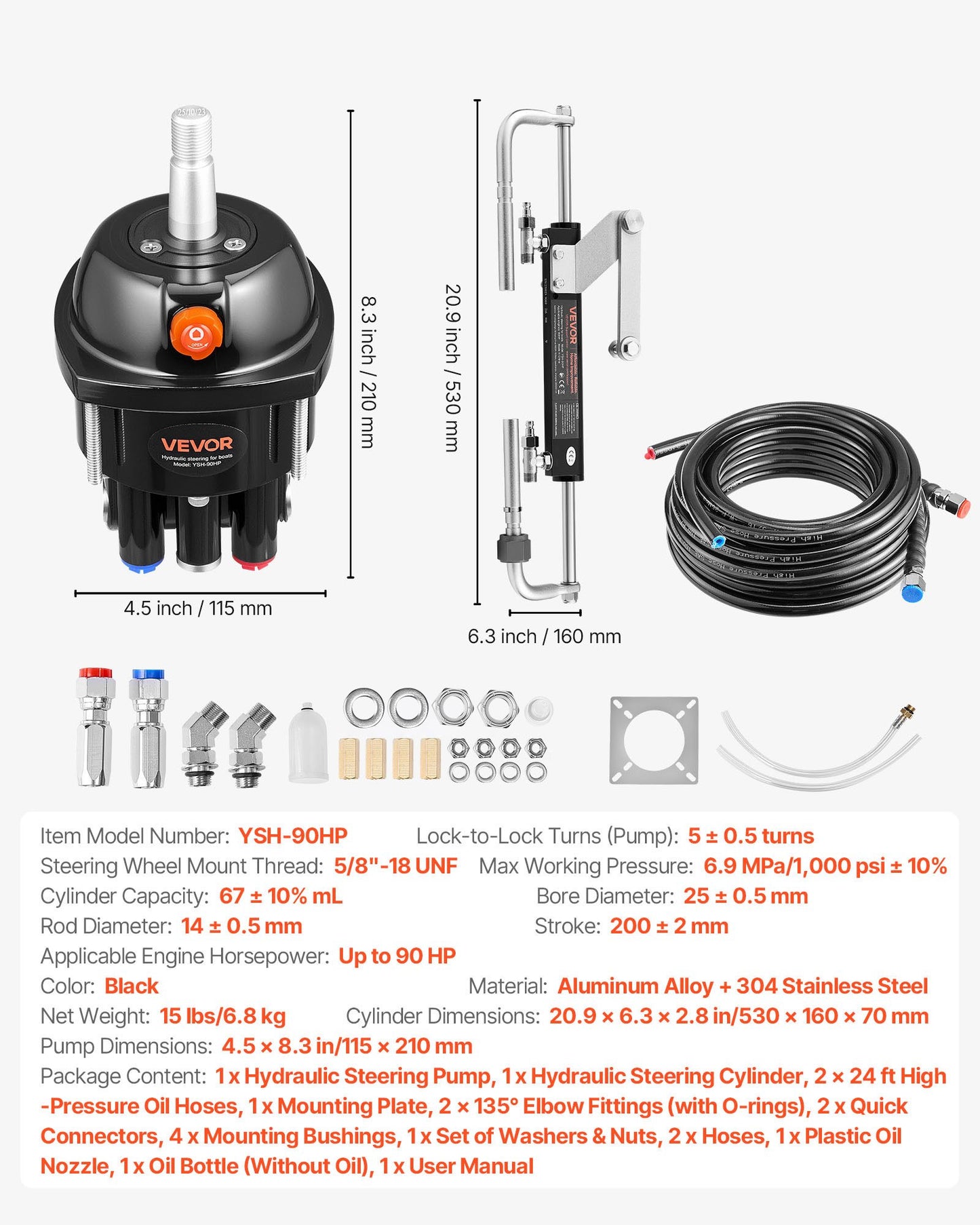 Hydraulic Steering Kit, 90 HP, Marine Boat Hydraulic Steering System, with 6.9 MPa/1000 psi Helm Pump, Two-Way Lock Cylinder, and 24 ft High-Strength Hoses, for Single Station, Single-Engine Use