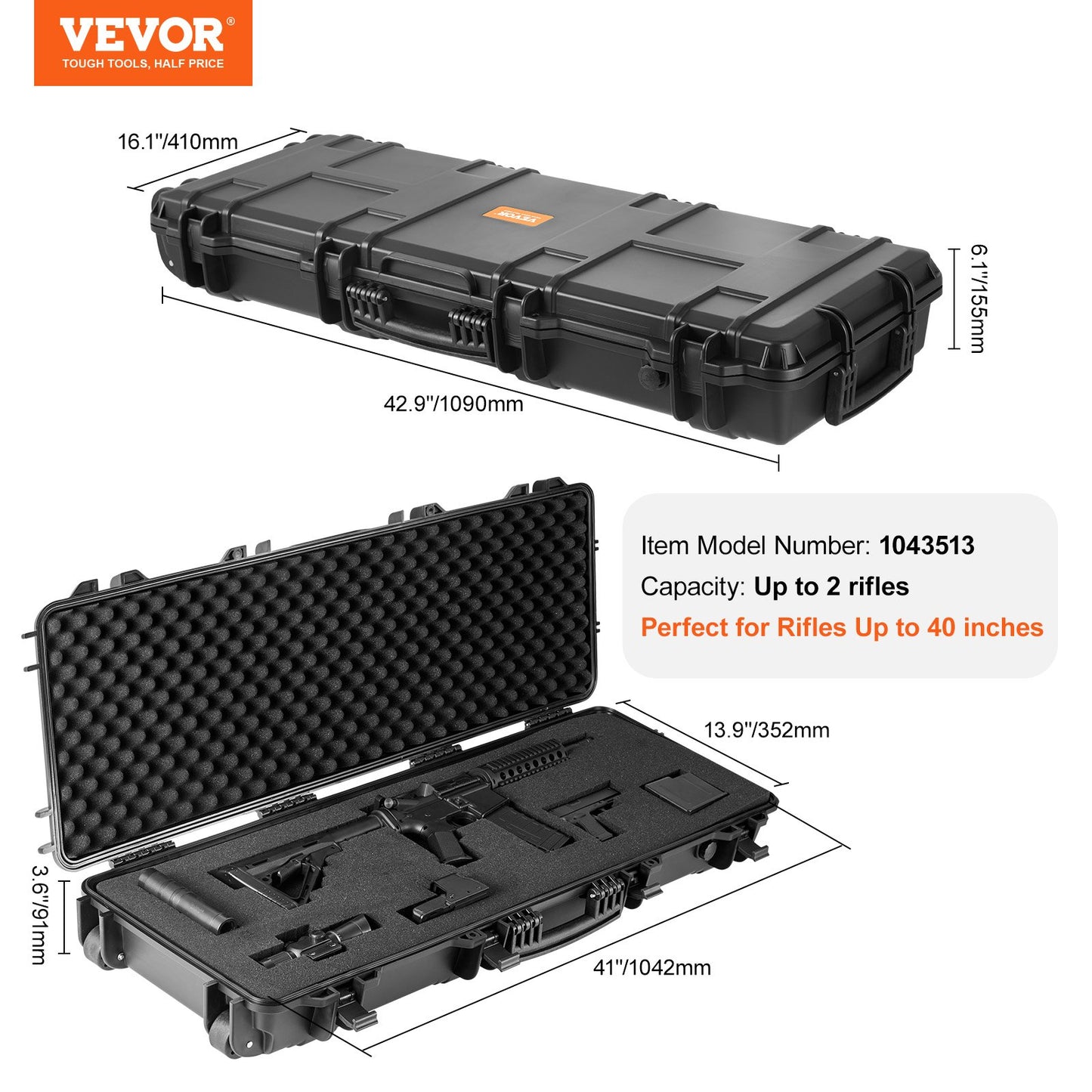 Rifle Case, Rifle Hard Case with 3 Layers Fully-protective Foams, 42 inch lockable Hard Gun Case with Wheels, IP67 Waterproof & Crushproof, for Two Rifles or Shotguns, Airsoft Gun
