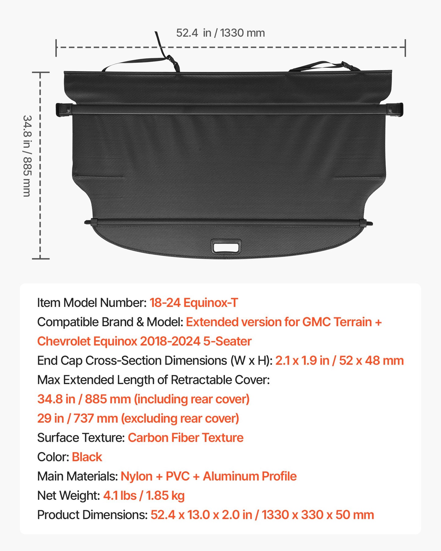 Retractable Cargo Cover, Carbon Fiber Texture Trunk Cover, Anti-Peeping Luggage Privacy Shield, Seamless Fixation Shade, Extended Version for GMC Terrain & Chevrolet Equinox 2018-2024 5-Seater
