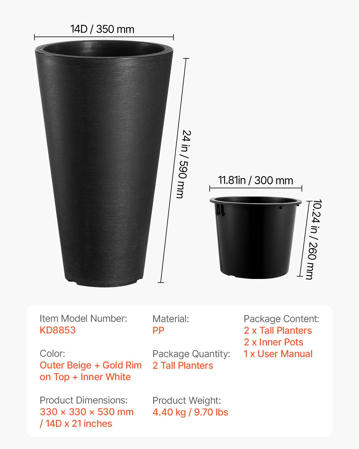 Set of 2 Tall Planter For Outdoor Indoor Plants 24inch, Black Round Large Planters For Front Porch, Patio, Tall Taper Flower Tree Plant Pots with Modern Design and Built-in Drainage