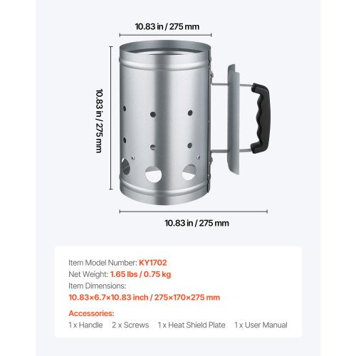 Kolstartare, 1,8 kg stor kolkamin, kraftig grilltändare i stål för kolgrill och grillar, kompakt koltändare och grillverktyg för språng, silver | EU