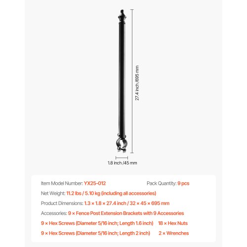 9-Pack 27.4 Inch Chain Link Fence Extender for 1.3"-1.5" Top Rail U-Bracket | EU