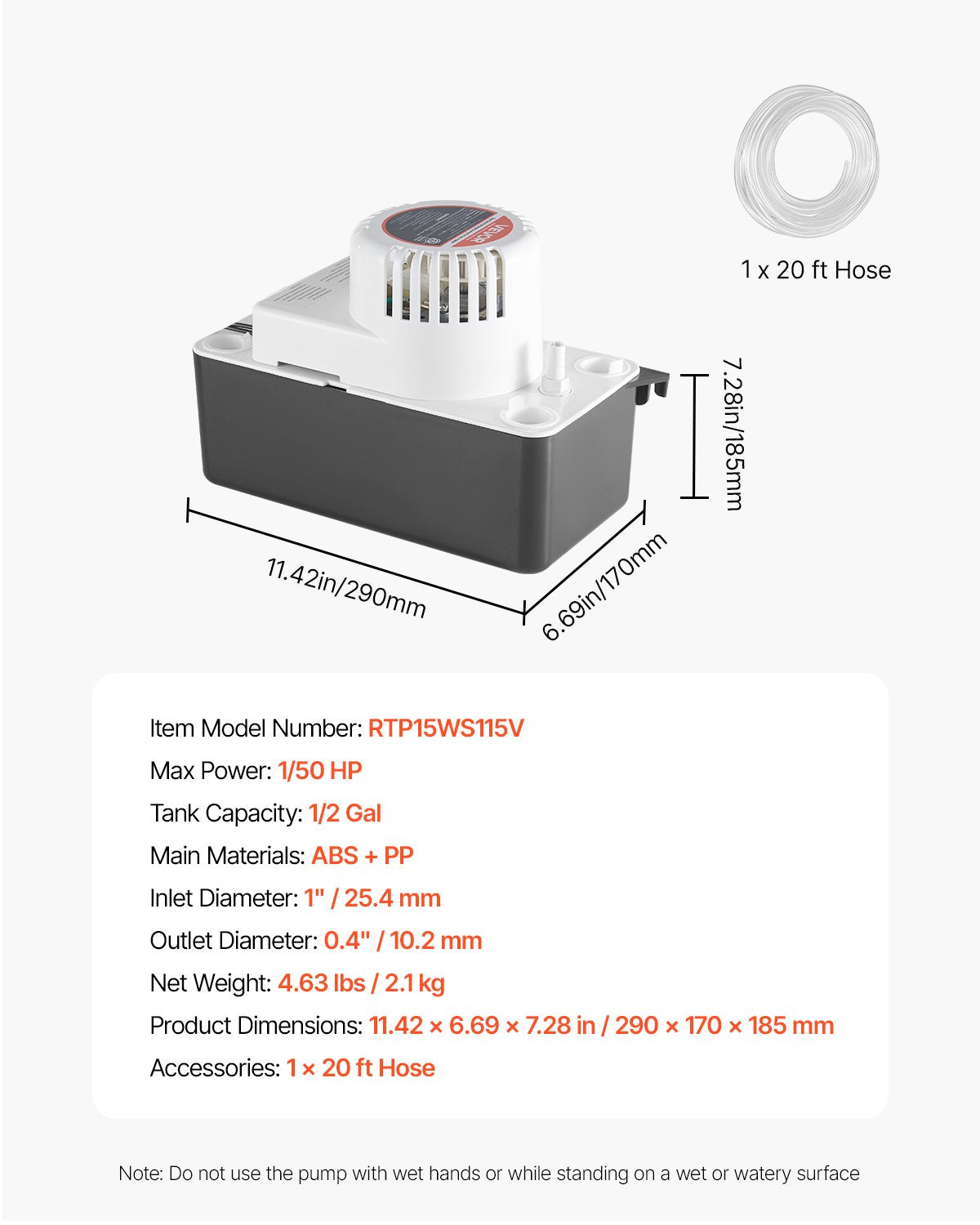 Condensate Removal Pump, 1/50 HP, 65 GPH, 15 ft Lift, 1/2 Gal Tank Automatic AC Condensation Pump with Float Switch & 20 ft Hose for Air Conditioner, Dehumidifier, Furnace, Ice Maker Water Drain