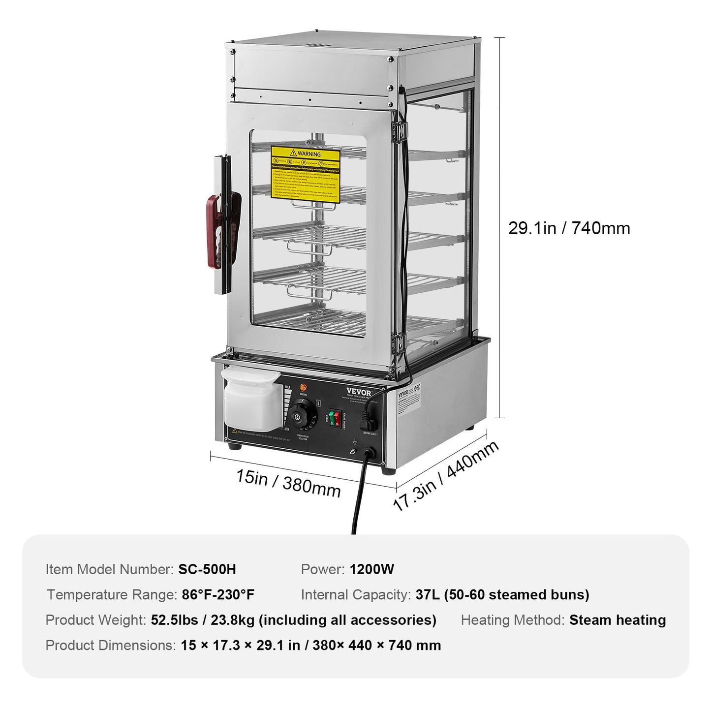 Commercial Food Warmer Display, 5-Tier Food Steamer Bun Warmer Machine, 86℉~230℉ Temperature Control, Stainless Steel Steamed Buns Warmer with LED, Steam Heating for Steamed Buns Siomai Corn