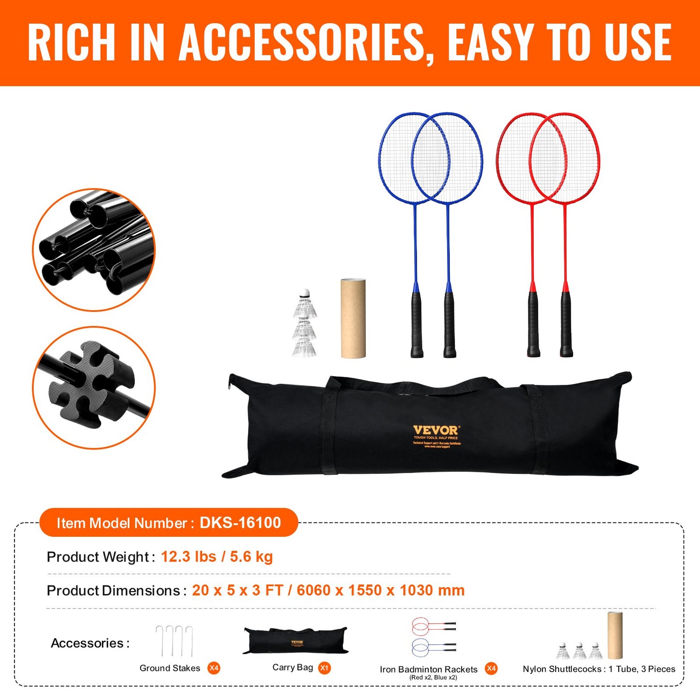 Badminton Net, Height Adjustable Volleyball Net, 20ft Wide Foldable Pickleball Net, Portable Tennis Net Set with Poles, Stand, Bag, Rackets, Nylon Shuttlecocks, Kid Backyard Indoor Outdoor Use