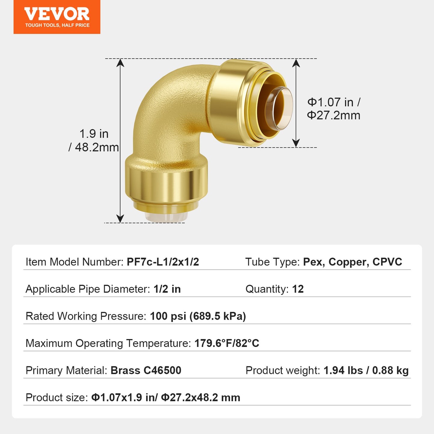 Pipe Fittings, 1/2" 12PCS Brass Pipe Fittings, Elbow Push-Fit Pipe Connector Brass Air Fittings, Heavy Duty Plumbing Fittings Adapter for Heating/Shower Systems, Water Pipes