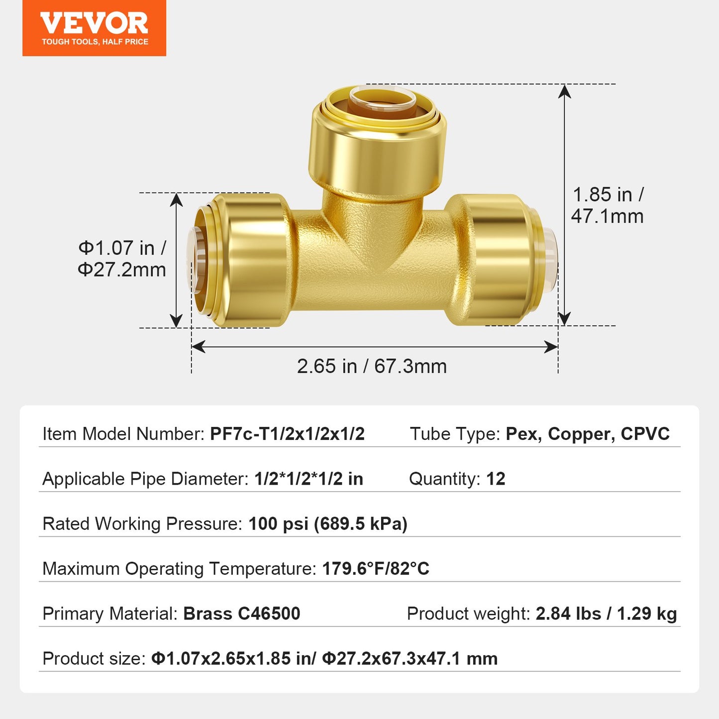 Pipe Fittings, 1/2" 12PCS Tee Brass Pipe Fittings, Push-Fit Pipe Connector Brass Air Fittings, Heavy Duty Plumbing Fittings Adapter for Heating/Shower Systems, Water Pipes