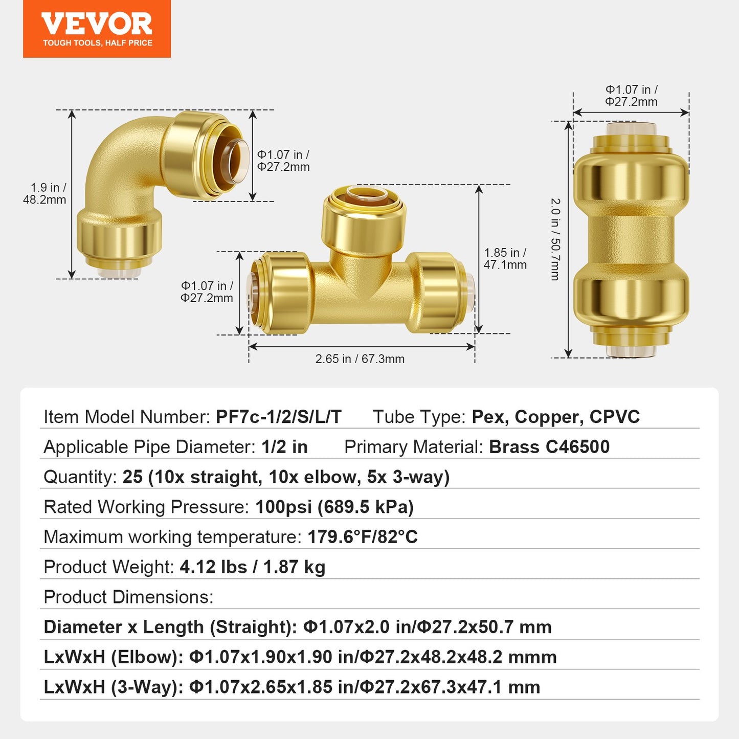 Pipe Fittings, 1/2" 25PCS (10xStraight, 10xElbows, 5xTees) Brass Pipe Fittings, Push-Fit Pipe Connector Brass Air Fittings, Plumbing Fittings Adapter for Heating/Shower Systems, Water Pipes