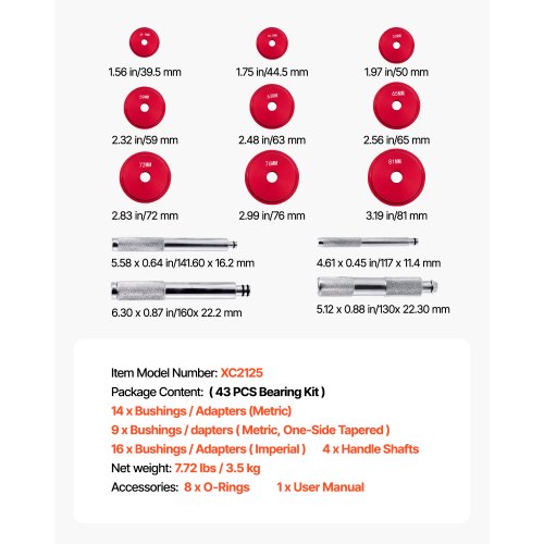 Lagerpresssats, 43 delar, Lagerbana och Tätningsdrivare med 39 Bussningar och Handtagsaxlar, Bussningsdrivare Verktygssats, Robust Aluminiumlegering Demonterings- och Monteringsverktygssats med Förvaringsväska | EU