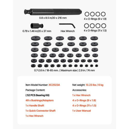 Lagerpresssats, 52 delar, Lagerbana och tätningsdrivare med 49 bussningar och handtagsaxel, Bussningsdrivare Verktygssats, Kraftigt Kolstål Demonterings- och Monteringsverktygssats med Förvaringsväska | EU