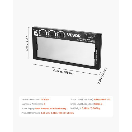automatiskt nedbländande svetslins 108 x 51 mm, täckning 5-13 justerbart färgsvetslins med dubbla ljusbågssensorer, kompatibel med de flesta svetshjälmar för TIG-, MIG- och MMA-applikationer | EU